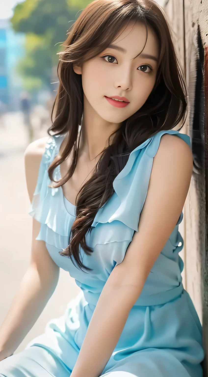 ((best quality, 8k, masterpiece:1.3)), a beautiful girl,pure,Oval face,Gentle and cute,A Sweet smile,pure desire,lose weight,(street frontage),(tilt your head),looking directly at camera,, Heart, formal,Long black silk, straight hair,long hair shawl,big deal, round, black eyes,clear big eyes,Moisturizing red lips,Sweet,sitting on the roadside,Blue sky and white clouds,grassland,building,(Chiffon Dress,chiffon top)Telephoto shooting