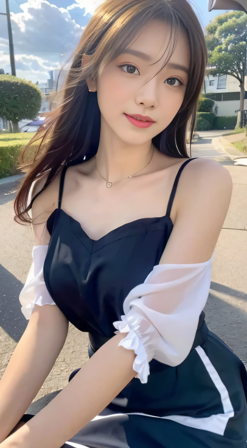 ((best quality, 8k, masterpiece:1.3)), a beautiful girl，pure，Oval face，Gentle and cute，A Sweet smile，pure desire，lose weight，(street frontage)，(tilt your head)，looking directly at camera，, Heart, formal，Long black silk, straight hair，long hair shawl，big deal, round, black eyes，clear big eyes，Moisturizing red lips，Sweet，sitting on the roadside，Blue sky and white clouds，grassland，building，（Chiffon Dress，chiffon top）Telephoto shooting