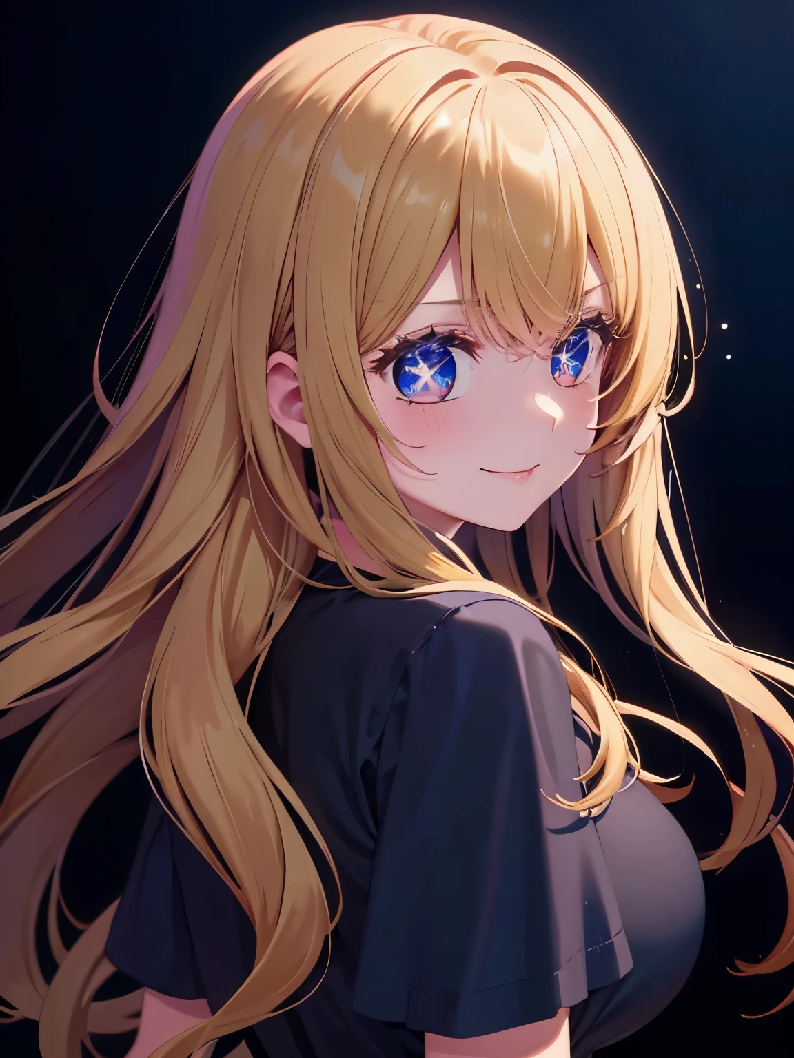 1woman,super beautiful,Facing backwards, close up photo,Photo from behind,Beautiful eyes, very detailed face,smile,cute, HD face, perfect face,black t-shirt,black mini skirt,Very big breasts,Blonde hair,long hair,wavy hair,bangs,blue eyes,ultra detail,ultra Hd, masterpiece,4k
