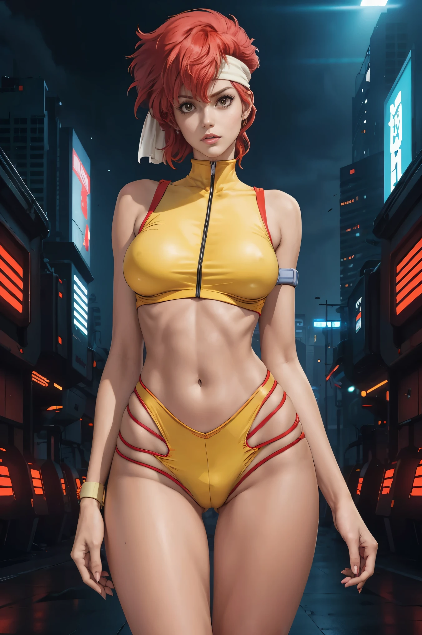 Very skinny Kei from The Dirty Pair, emaciated, wearing a tight yellow outfit, skinny frame, skinny legs, medium breast, red hair beauty, cyberpunk city background, holding retro space-gun, headband, slim waist, very slim thighs, very skinny thighs, very thin thighs, very slender thighs, lanky, thigh gap, thigh gap,