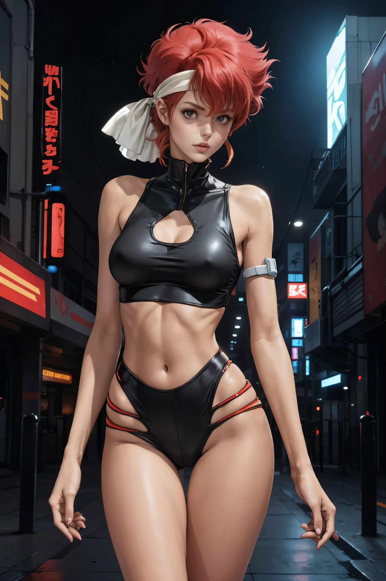 Very skinny Kei from The Dirty Pair, emaciated, wearing a tight yellow outfit, skinny frame, skinny legs, medium breast, red hair beauty, cyberpunk city background, holding retro space-gun, headband, slim waist, very slim thighs, very skinny thighs, very thin thighs, very slender thighs, lanky, thigh gap, thigh gap, 