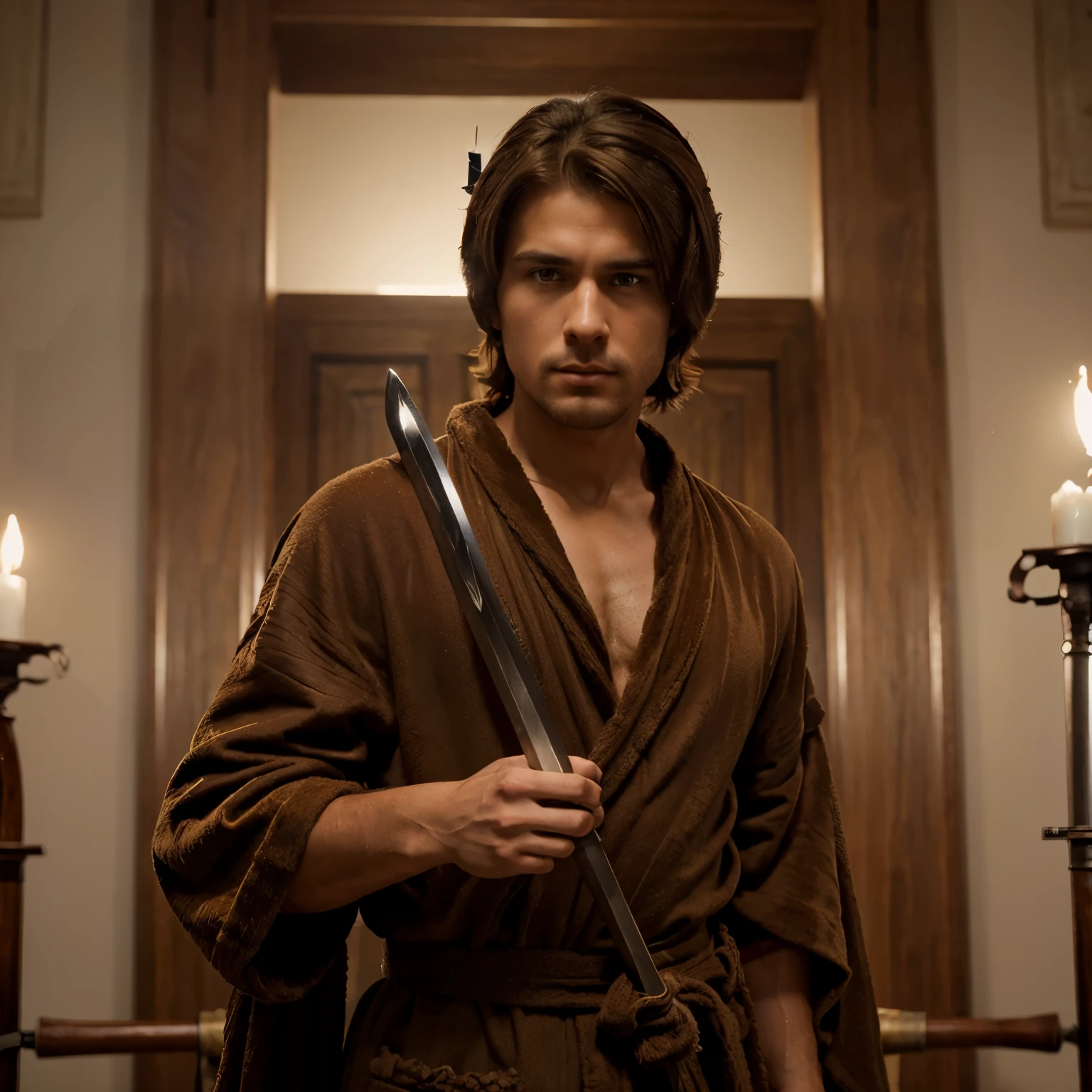 ((male)), ((brown hair)), ((brown eyes)), ((robe clothing)), ((carrying a sword)), ((carrying a bow)), ((stoic))