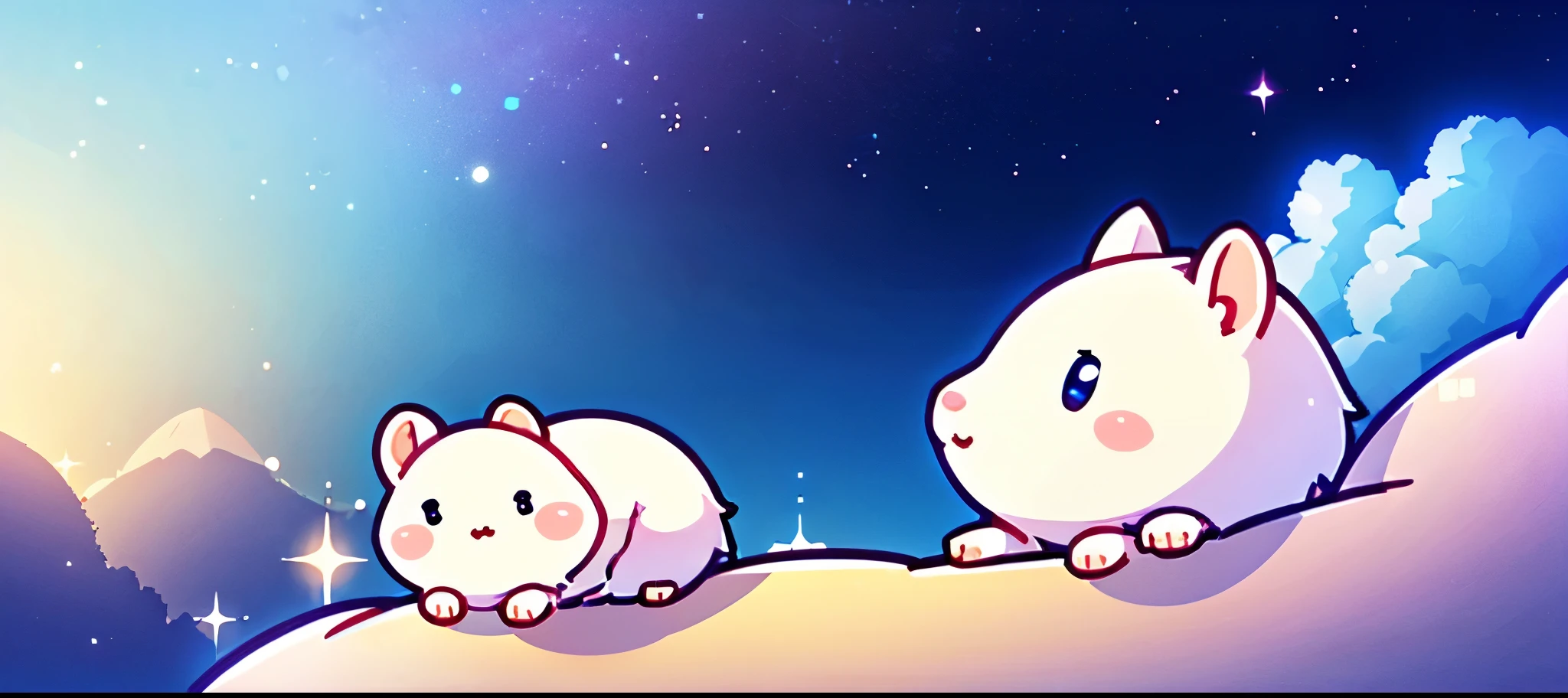 A white hamster is lying on an empty bed, cute digital art, cute eyes of dream animals, A fairyland lying on the white clouds,Are sleeping, dreamy night, cute detailed digital art, sky, Sweet dreams, adorable digital paintings, profile photo,, beautiful and cute, hd wallpaper, nice and cute