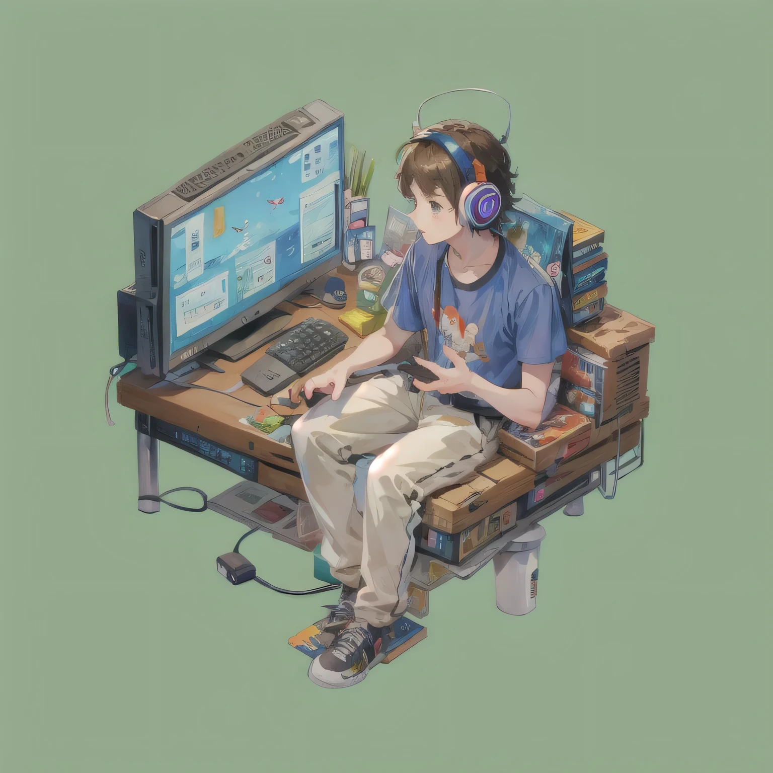 pixel art, fishbowl, fishbowl속 물고기, It's crowded with TVs and miscellaneous things.., a man sitting on trash, An entertainment program is playing on TV.., container, fishbowl을 바라보는 고양이, Handsome man, wear a headset, precise hand