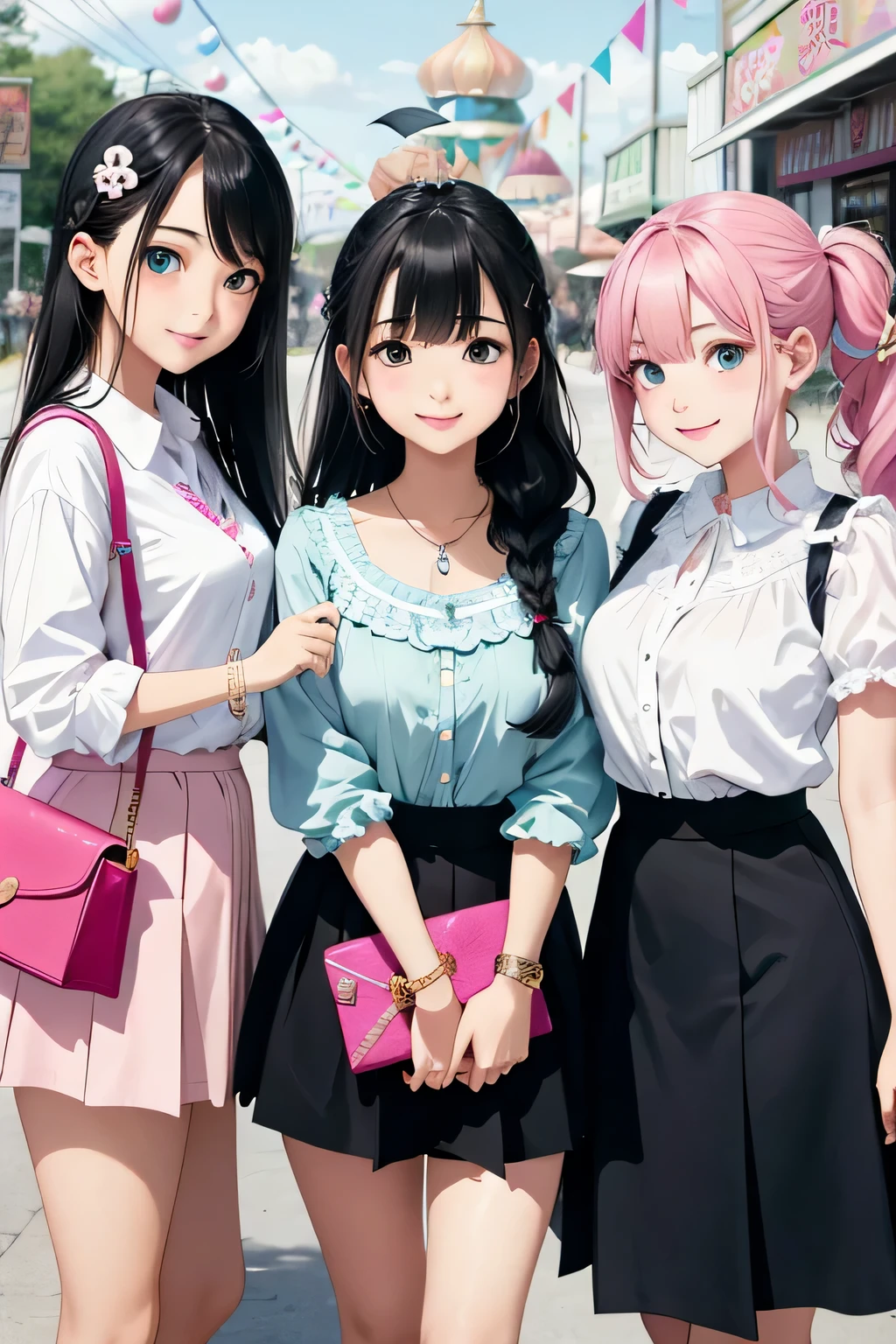 highest quality、High resolution、detailed background、beautiful and detailed face、beautiful and smooth skin、skin texture、I&#39;Visiting an amusement park or theme park.、(three beautiful teenage girls:1.5)、(huge breasts:1.3)、braided hairstyles、ponytail、サイドponytail、cowboy shot、
Peter Pan Color Blouse、ガーリーな雰囲気が漂うPeter Pan Color Blouseはカジュアルなボトムスと合わせても可愛く着こなせます、If you want to create a feminine atmosphere, A flared skirt is recommended..、Show off your cuteness by choosing a patterned or embroidered skirt、
depending on the season, Open toe sandals and flat shoes are also fashionable..、
Choose items with bright colors and ribbon or ruffle details..、
Add cute hair accessories such as hair bands or ribbon hair clips to make the whole look even cuter.、
Add a necklace or bracelet with a simple design to tighten up your outfit..、It is a good idea to choose unique accessories such as pastel colors or ones with charms.、The pose of putting your hands together in front of your chest can create a cute and tense feeling.、cute仕草、emphasize the chest、emphasize cleavage、Laugh playfully、smile、smile、sexual expression、cute