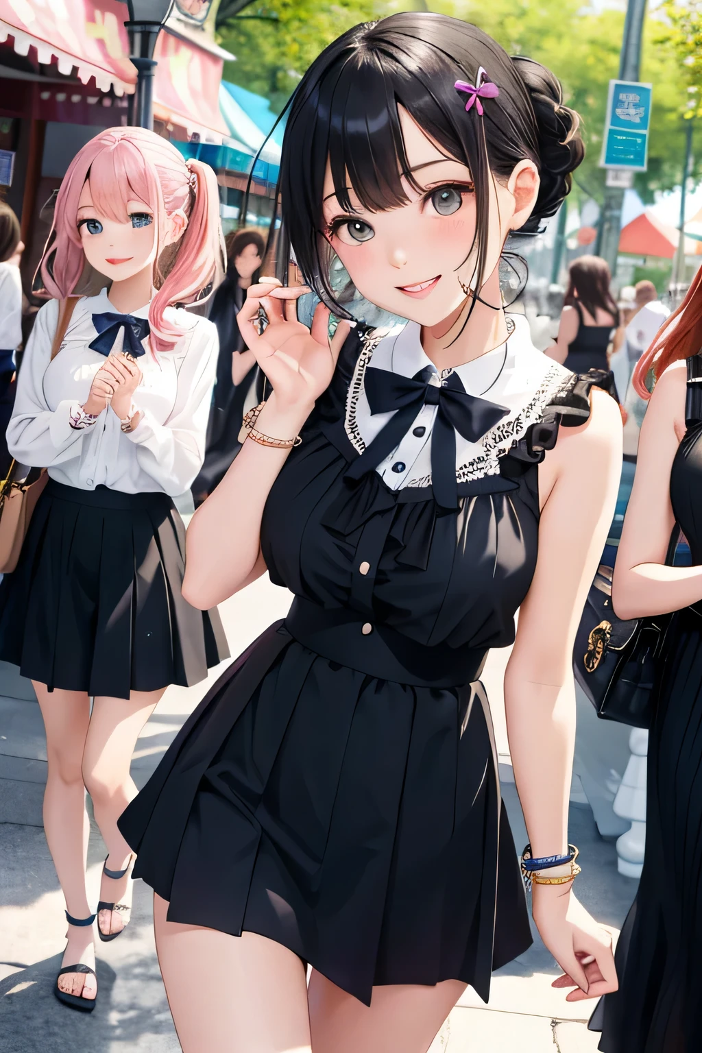 highest quality、High resolution、detailed background、beautiful and detailed face、beautiful and smooth skin、skin texture、I&#39;Visiting an amusement park or theme park.、(three beautiful teenage girls:1.5)、(huge breasts:1.3)、braided hairstyles、ponytail、サイドponytail、cowboy shot、
Peter Pan Color Blouse、ガーリーな雰囲気が漂うPeter Pan Color Blouseはカジュアルなボトムスと合わせても可愛く着こなせます、If you want to create a feminine atmosphere, A flared skirt is recommended..、Show off your cuteness by choosing a patterned or embroidered skirt、
depending on the season, Open toe sandals and flat shoes are also fashionable..、
Choose items with bright colors and ribbon or ruffle details..、
Add cute hair accessories such as hair bands or ribbon hair clips to make the whole look even cuter.、
Add a necklace or bracelet with a simple design to tighten up your outfit..、It is a good idea to choose unique accessories such as pastel colors or ones with charms.、The pose of putting your hands together in front of your chest can create a cute and tense feeling.、cute仕草、emphasize the chest、emphasize cleavage、Laugh playfully、smile、smile、sexual expression、cute