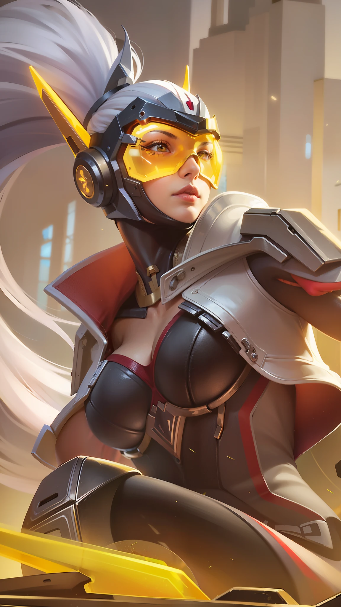 a close up woman, "((best quality)), ((masterpiece)), ((realistic)), Realistic, ultra-detailed portrait of futuristic woman holdings big weapon, white long hair, futuristic mask, big breast, sexy but deadly, sexy superwoman, super hero, realistic potrait, 8k, High quality, RAW photo, cinematography,