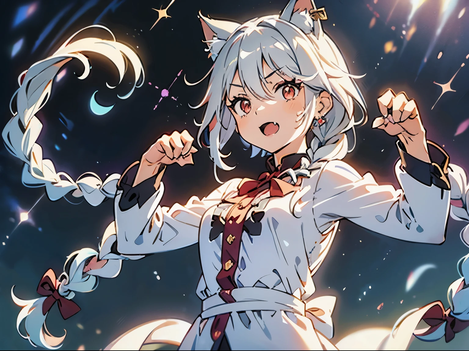 masterpiece, cat ears girl(gray hair,) ,depicted in detail,Gorgeous starry sky background,baby face,long eyelashes, silver hair ,swept bangs ,(single braid:1.5),wavy hair,medium breasts, shoot from below,upper body shot,(paw pose:1.5),looking at viewer,red eyes ,cat-like, slanted, mysterious, narrow, alluring,Innocent,mischievous,skin fang,white nightgown,earrings