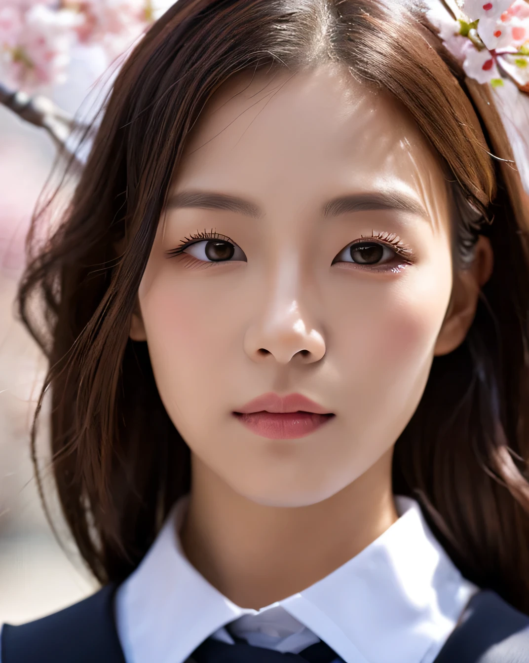 (1 girl:1.4)、(uniform)、(Photoreal:1.4)、(hyper realistic:1.4)、(realistic:1.3)、(smooth lighting:1.05)、(映画の照明Improvement of quality:0.9)、32K、20 year old girl、(Thigh high:1.2)、standing facing the front、realistic lighting、Backlight、facial light、ray tracing、(brighter light:1.2)、(Improvement of quality:1.4)、(Highest quality realistic textured skin:1.4)、finely tuned、detailed face、fine eyes、(tired, sleepy and satisfied:0.0)、 close up of face、big breasts、(Enhances the mood of your body line:1.1)、(Enhances the beauty of skin texture:1.1)、((my Imada))、cherry blossom background、Medium hair with a uniform shape on the left and right