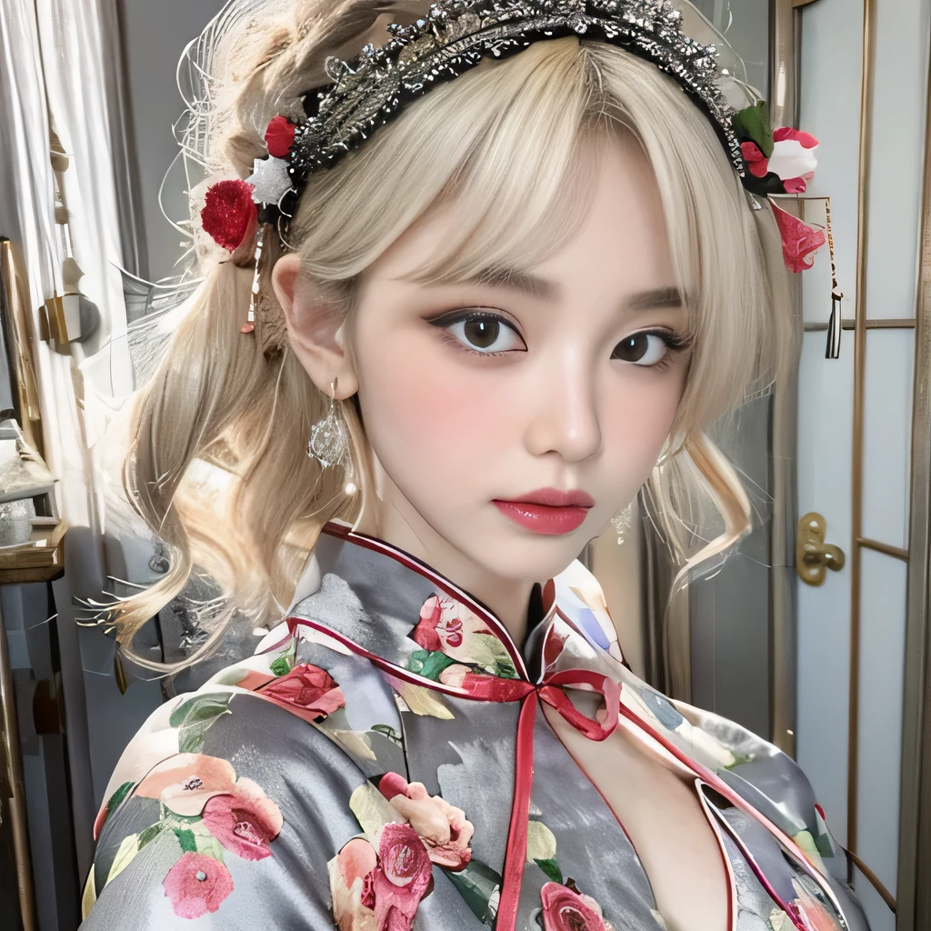 (8k)、(best image quality:1.5)、gray background、close up of face、1girl、masterpiece、delicate and sharp eyes、brown eyes、eye power、delicate face、cup、fascinating face、platinum blonde hair、Semi-long wave、chinese cheongsam、white cheongsam、Chinese dress that shows the collarbone、gal、Emphasis on the clavicle、earrings、necklace、