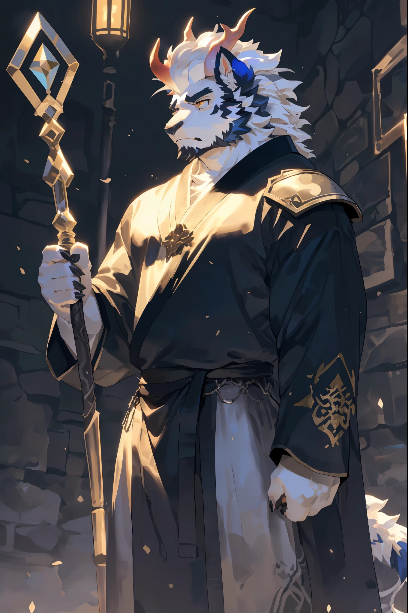 (Kirin:1.5),(Gorgeous silver battle armor robe:1.5),16k high quality detailed art,(Kirin:1.1), (((white fur:1.8))),(gold white two tone),(Gold and blue different color eyes:1.2),(muscular body:1.2),Handsome,(OK),(perfect face),(Serious majesty:1.1),(golden and white skin:1.6),(monster dungeon background),(Half body特写:1.5),Publaz, (Kirin:1.1), (((white fur:1.8))),Handsome, (OK),Express,(monster dungeon background),(Painful eyes:1.3),(Kirin tail),不同的Express,(perfect masterpiece),(16k),(abdominal muscles:1.3),(((middle aged:1.4))),(36 years old),alone,(Golden sideburns:1.5),(Golden-bearded:1.3),(black chin:1.3),(black and white face:1),(Very rich facial details:1.3),(Strong),(Half body),(front view),(cg),(HD),(Facing the dungeon:1.4),(serious expression:1.6),(White lines:1.4),(scales:1.3),(white ears:1.4),(Holding a staff in hand:1.6),(confidence:1.4),(Mighty pose),(light)