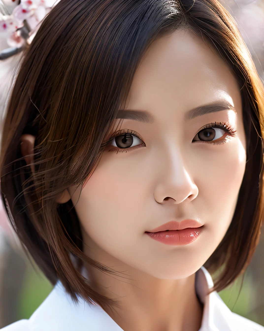 (1 girl:1.4)、(uniform)、(Photoreal:1.4)、(hyper realistic:1.4)、(realistic:1.3)、(smooth lighting:1.05)、(映画の照明Improvement of quality:0.9)、32K、20 year old girl、(From thighs to head:1.2)、standing facing the front、realistic lighting、Backlight、facial light、ray tracing、(brighter light:1.2)、(Improvement of quality:1.4)、(Highest quality realistic textured skin:1.4)、finely tuned、detailed face、fine eyes、(tired, sleepy and satisfied:0.0)、 close up of face、big breasts、(Enhances the mood of your body line:1.1)、(Enhances the beauty of skin texture:1.1)、((my Imada))、cherry blossom background、Medium hair with a uniform shape on the left and right