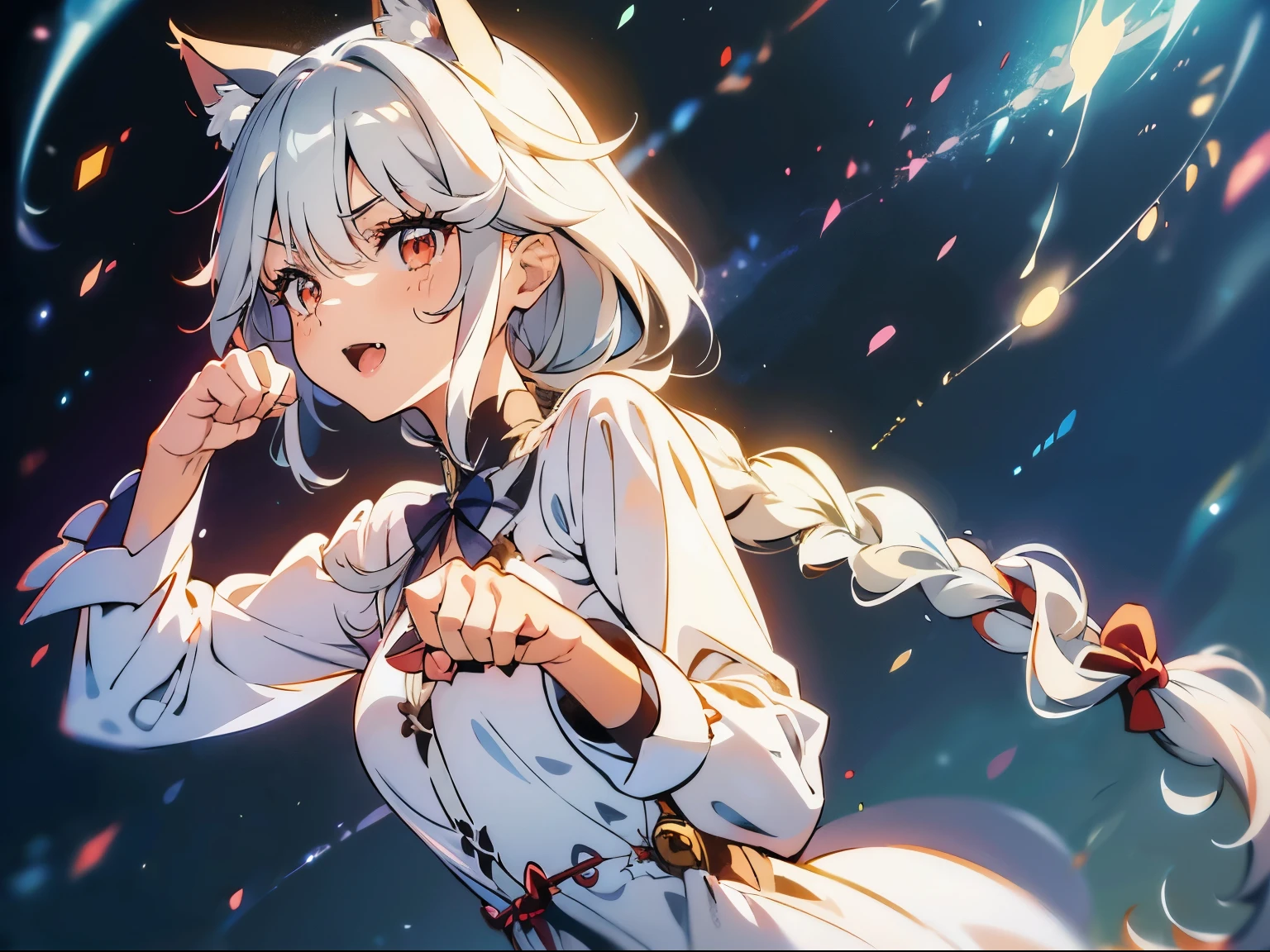 masterpiece, cat ears girl(gray hair,) ,depicted in detail,Gorgeous starry sky background,baby face,long eyelashes, silver hair ,swept bangs ,(single braid:1.5),wavy hair,medium breasts, shoot from below,upper body shot,(paw pose:1.5),looking at viewer,red eyes ,cat-like, slanted, mysterious, narrow, alluring,Innocent,mischievous,skin fang,white nightgown,earrings