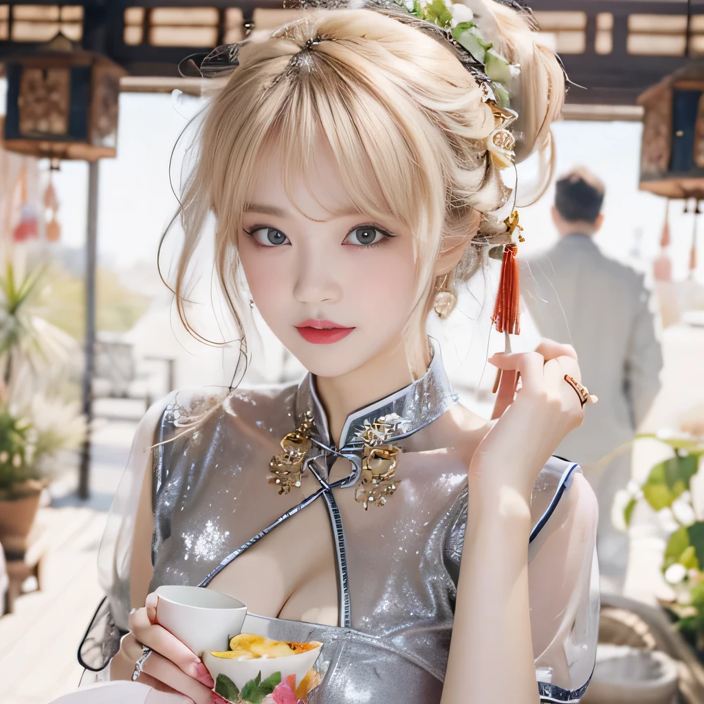 (8k)、(best image quality:1.5)、gray background、close up of face、1girl、masterpiece、delicate and sharp eyes、brown eyes、eye power、delicate face、cup、fascinating face、platinum blonde hair、Semi-long wave、chinese cheongsam、white cheongsam、Chinese dress that shows the collarbone、gal、Emphasis on the clavicle、earrings、necklace、