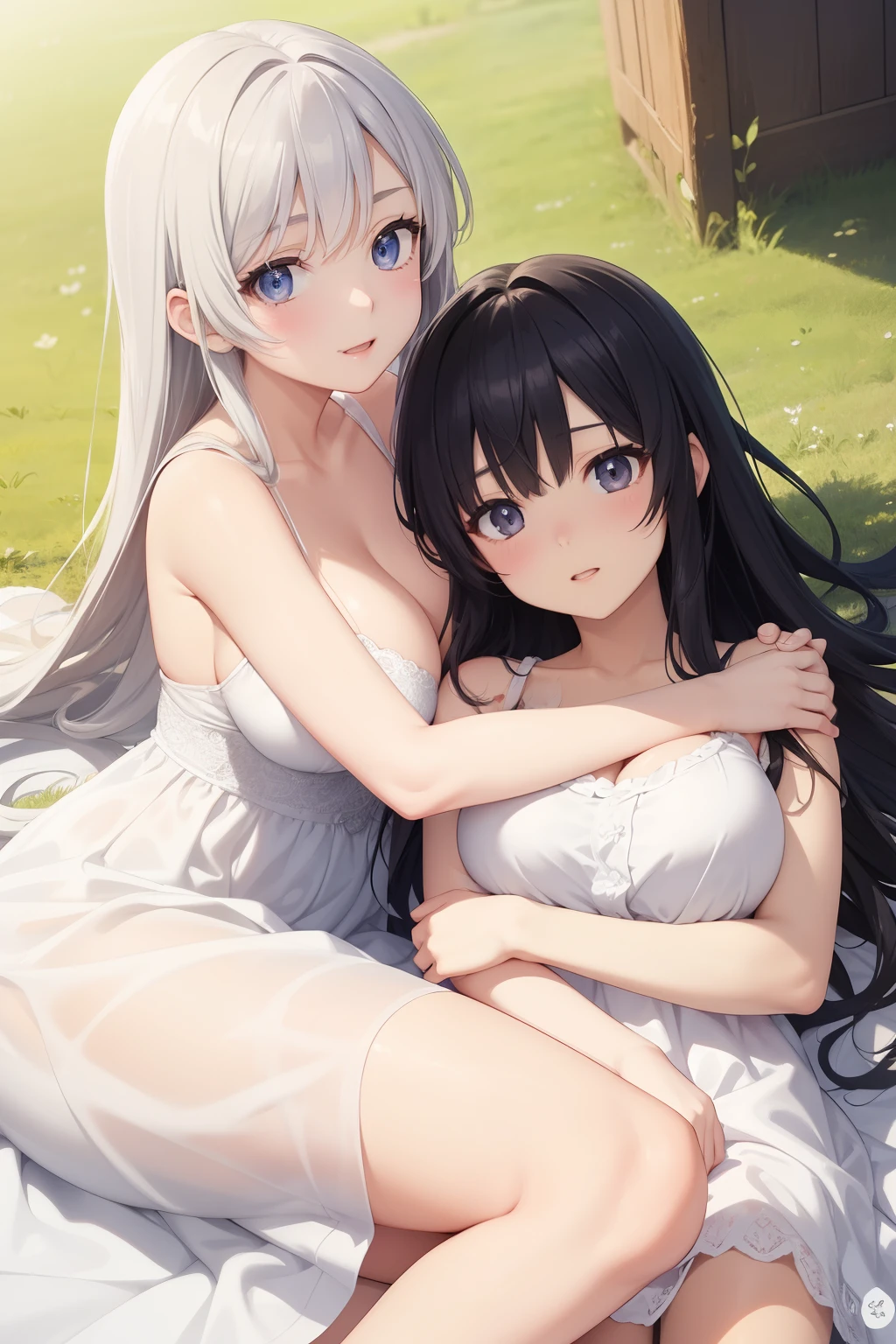 big breasts:1.2、、highest quality、very detailed、Very realistic eye masterpiece、highest quality、very detailed、gray hair、perfect face、long hair、white dress、sundress、lily、two girls、anime、countryside、hug each other、lie down