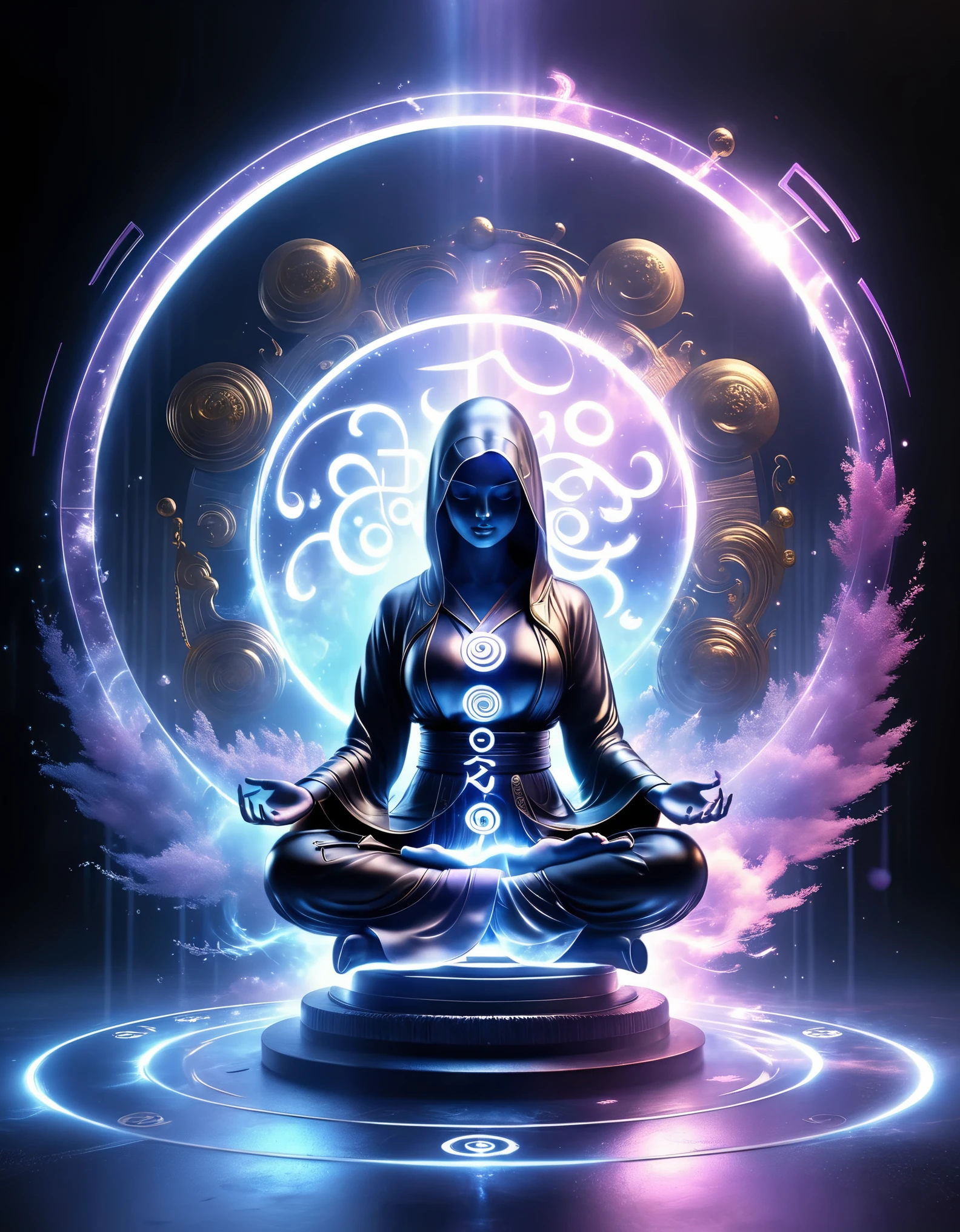 magic circle，best quality,4k,8k,highres,masterpiece:1.2,ultra-detailed,realistic,acrylic style,tai chi, yin yang, eight trigrams,3d rendering，Transparent and extremely charming female Taoist priest meditating in yoga，Light and shadow photography，（background：An unusually large number of magical kanji spells are falling like a torrential rain），