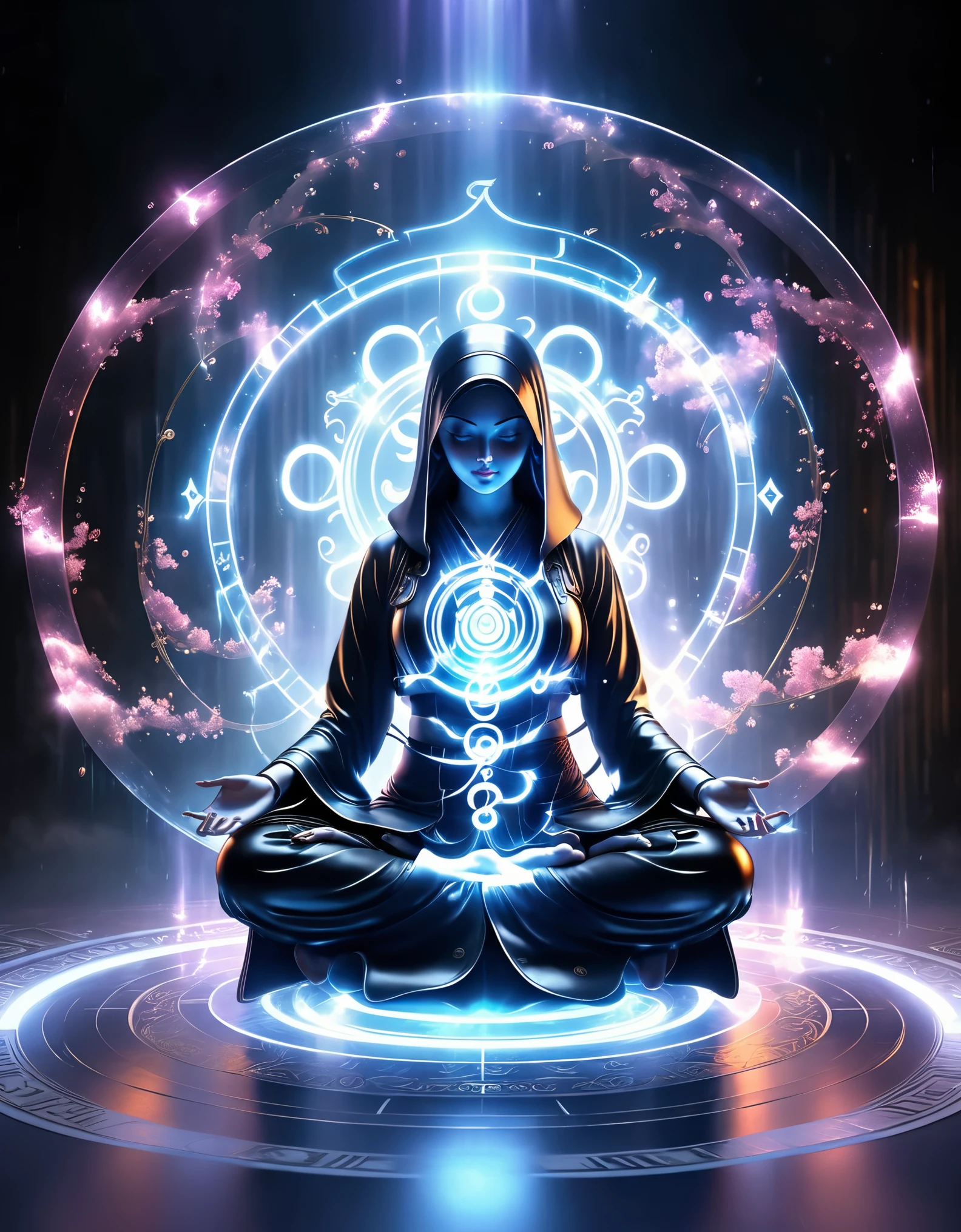 magic circle，best quality,4k,8k,highres,masterpiece:1.2,ultra-detailed,realistic,acrylic style,tai chi, yin yang, eight trigrams,3d rendering，Transparent and extremely charming female Taoist priest meditating in yoga，Light and shadow photography，（background：An unusually large number of magical kanji spells are falling like a torrential rain），