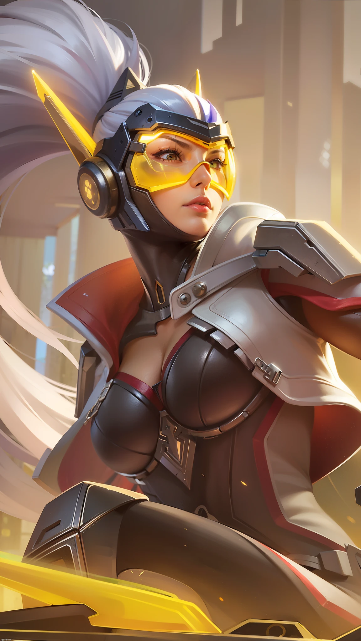 a close up woman, "((best quality)), ((masterpiece)), ((realistic)), Realistic, ultra-detailed portrait of futuristic woman holdings big weapon, white long hair, futuristic mask, big breast, sexy but deadly, sexy superwoman, super hero, realistic potrait, 8k, High quality, RAW photo, cinematography,