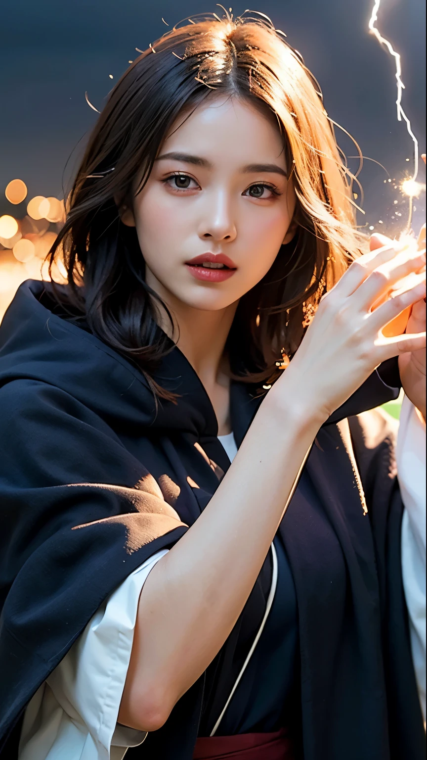 (skindentation:1.5), Realistic, Photorealistic, (masterpiece:1.5), concept art, intricate details, highly detailed, photorealistic, octane render, 8k, unreal engine, dynamic pose, best quality, highres, (realistic face:1.1), (hyperrealistic:1.1), ((full_body)), perfect eyes,(shiny skin:1.2), (((hairstyle))), (((perfect hands))), (extremely detailed background), ((dynamic background)), ((lightning)), (light rays), ((1girl)), wearing cloak, (((flowing cloak))), ((detailed eyes, high quality eyes, high quality face)), (extremely intricate robes, magical robes), short hair, casting lightning, electricity, swirling fire, radiating power, sparks, smoke, magic, ((dramatic)), epic, battlefield, depth of field, bokeh, 4k, gothic, ember, particles
