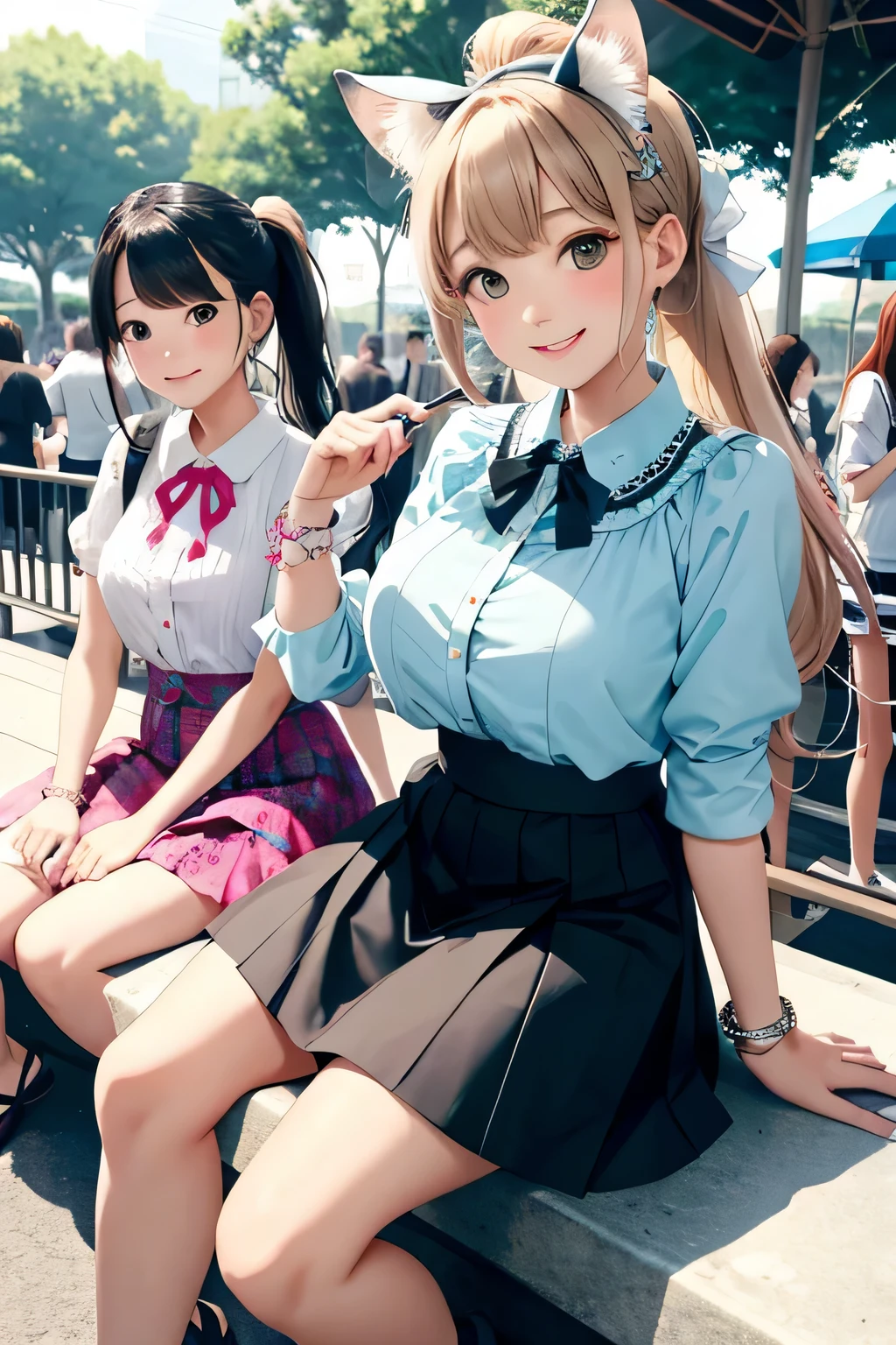highest quality、High resolution、detailed background、beautiful and detailed face、beautiful and smooth skin、skin texture、I'Visiting an amusement park or theme park.、(three beautiful teenage girls:1.5)、(huge breasts:1.3)、braided hairstyles、ponytail、サイドponytail、cowboy shot、
Peter Pan Color Blouse、ガーリーな雰囲気が漂うPeter Pan Color Blouseはカジュアルなボトムスと合わせても可愛く着こなせます、If you want to create a feminine atmosphere, A flared skirt is recommended..、Show off your cuteness by choosing a patterned or embroidered skirt、
depending on the season, Open toe sandals and flat shoes are also fashionable..、
Choose items with bright colors and ribbon or ruffle details..、
Add cute hair accessories such as hair bands or ribbon hair clips to make the whole look even cuter.、
Add a necklace or bracelet with a simple design to tighten up your outfit..、It is a good idea to choose unique accessories such as pastel colors or ones with charms.、The pose of putting your hands together in front of your chest can create a cute and tense feeling.、cute仕草、emphasize the chest、emphasize cleavage、Laugh playfully、smile、smile、sexual expression、cute