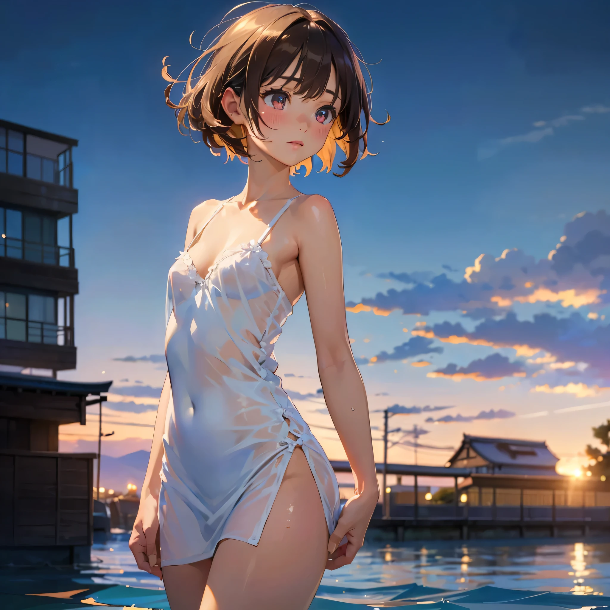 (masterpiece:2.0), (highest quality:2.0), (Swimming naked in the sea:1.3), (Tiny T-back white camisole dress:1.5), (Ultra-thin fabric:1.5), (fully exposed shoulders:1.5), (fully exposed nape:1.5), (side view:1.5), (Super Sexy Pose:1.5), (blushing face:1.3), (spill :1.4), (realistic:1.5), 1 , precise small needle, embarrassed look, light smile, Very , baby faceyes, shining eyes, small breasts, I can see the cleavage, I can see my crotch, no pubic hair, beautiful skin, Super fine, highest resolution, Japanese high school student, brown hair