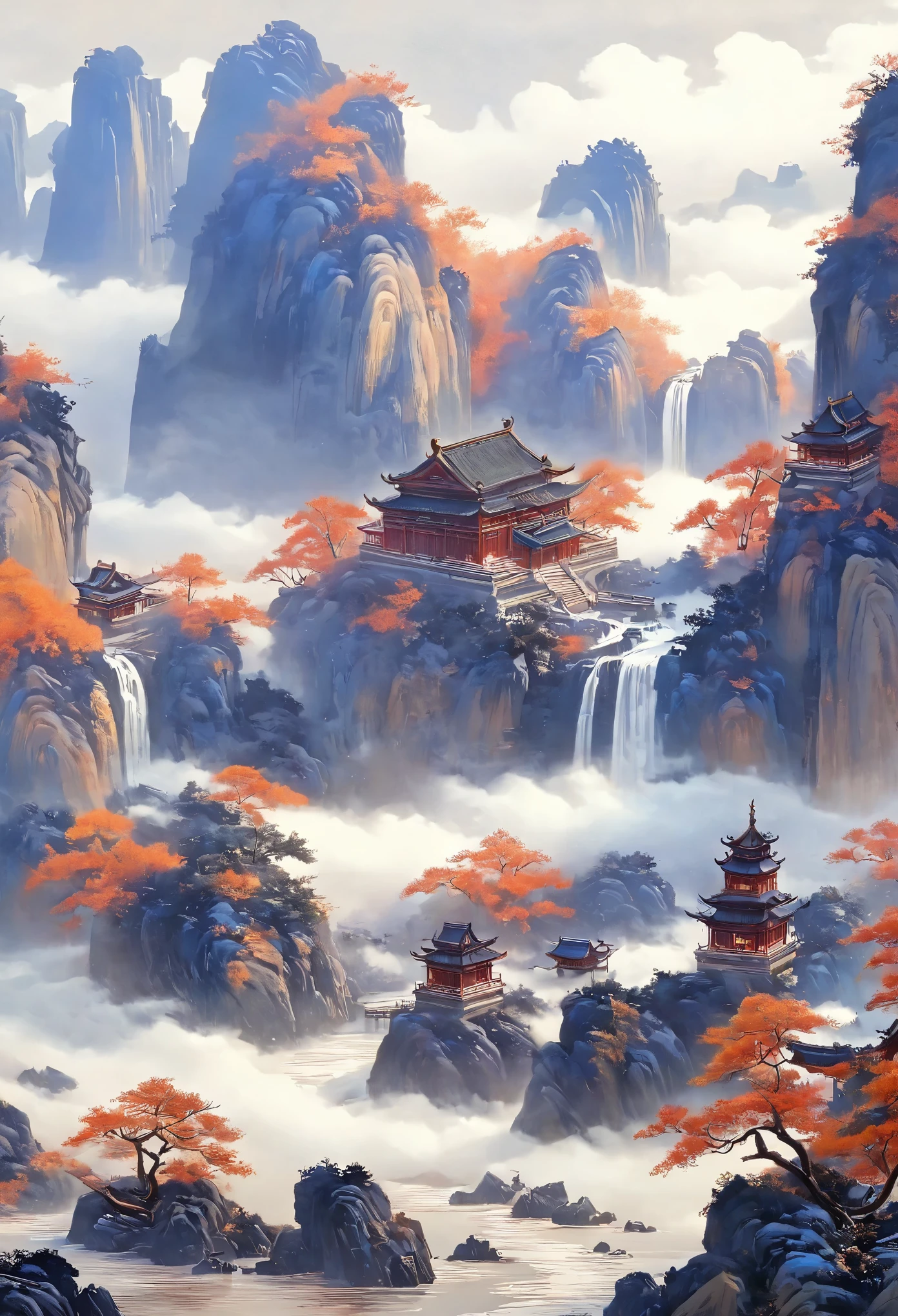 A majestic landscape painting，meticulous painting，Inspired by a thousand miles of rivers and mountains，Fuchun Mountain House Map，Expression techniques of cirrus clouds，flat illustration，traditional Chinese painting，Chinese landscape painting，Ancient Chinese buildings，cloud，vertical waterfall on cliff，Vigorous pine trees，fall，Takayama，black：137，mineral pigments，Ultramarine blue，Tracing gold，Clear outline，sketched，Dry drawing method.Chinese landscape painting, landscape artistic conception, Zen aesthetics, Zen composition, Chinese ancient architectural complex, Chinese Forbidden City, peach trees, snow scenery, Chinese classical painting style, orange and vermilion, clouds and mist, majestic mountains, forests, waterfalls, looking up, rich lighting, minimalism, ultimate details, unparalleled details, movie special effects, realism, brushstrokes, fine details,Gongbi Shanshui