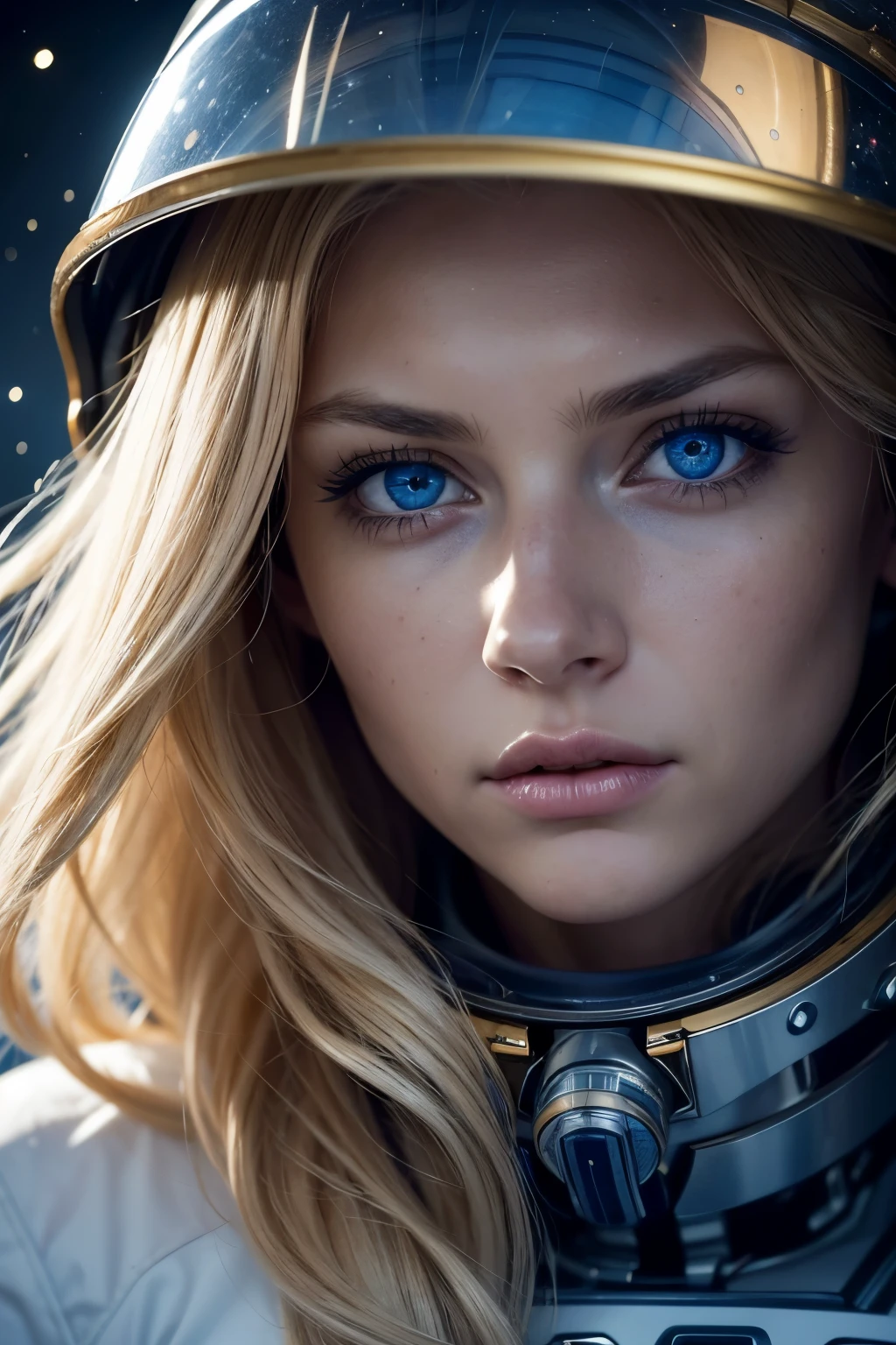 RAW, Best quality, high resolution, Masterpiece: 1.3),
Close-up of a beautiful woman's scared face in a space suit,
Long blonde hair floating around her,
Beautiful blue eyes wide with fear,
Dramatic composition in the vastness of outer space,
Masterpiece, Realistic,
Scared expression etched deeply on her features,
Gold light reflecting off her helmet,
Detailed space suit with intricate design,
1woman,
Beautiful blue eyes shining bright,
Long blonde hair drifting aimlessly,
Close-up view capturing every detail,
Beautiful frightened face,
Dramatic scene in the