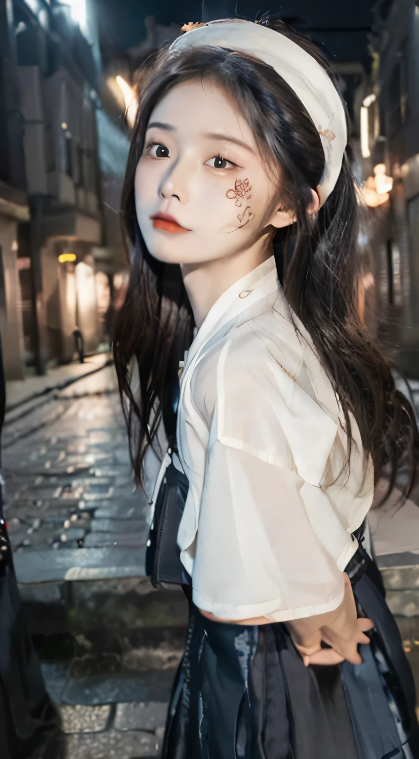 ((best quality, 8k, masterpiece: 1.3)), (Stepmother skirt: 1.5), focus: 1.2, perfect body beauty: 1.4, buttocks: 1.2, (layered hairstyle: 1.2)), (dark street: 1.3), Highly detailed face and skin textures, whole body, exquisite eyes, double eyelids, whiten skin, long hair, (round face: 1.5),