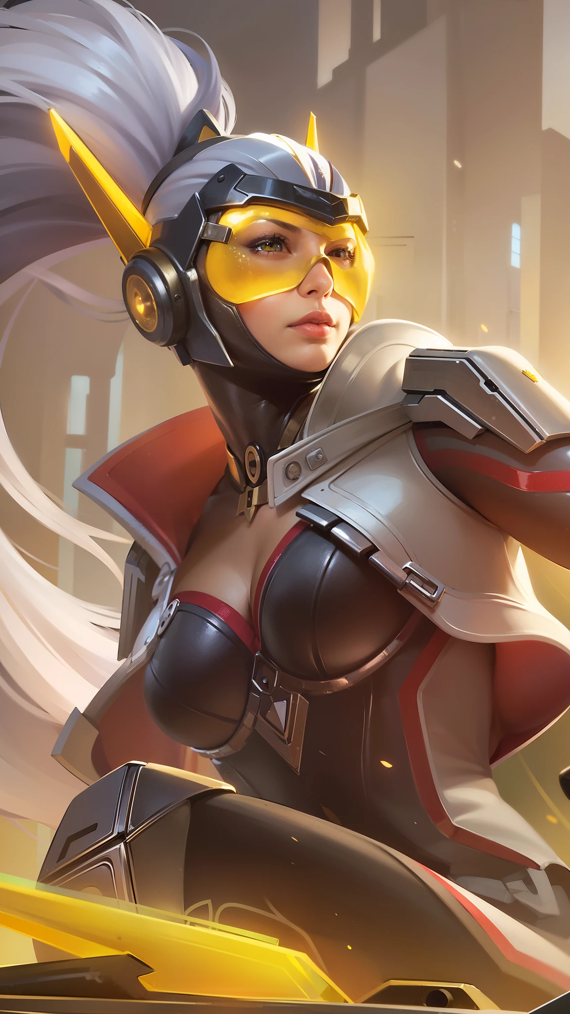 a close up woman, "((best quality)), ((masterpiece)), ((realistic)), Realistic, ultra-detailed portrait of futuristic woman holdings big weapon, white long hair, futuristic mask, big breast, sexy but deadly, sexy superwoman, super hero, realistic potrait, 8k, High quality, RAW photo, cinematography,