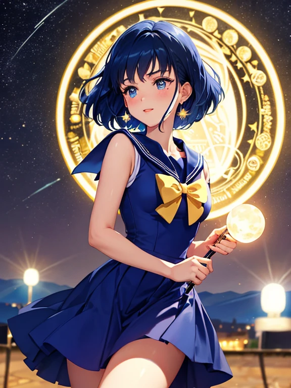 magic circle:1.4、sailor moon:1.4、magic circle_sky、magic circle_land、night、starry sky、moon in the background、赤いmagic circle、lightning、UHD, retina, masterpiece, ccurate, anatomically correct, textured skin, super detail, high details, high quality, best quality, highres, 4K