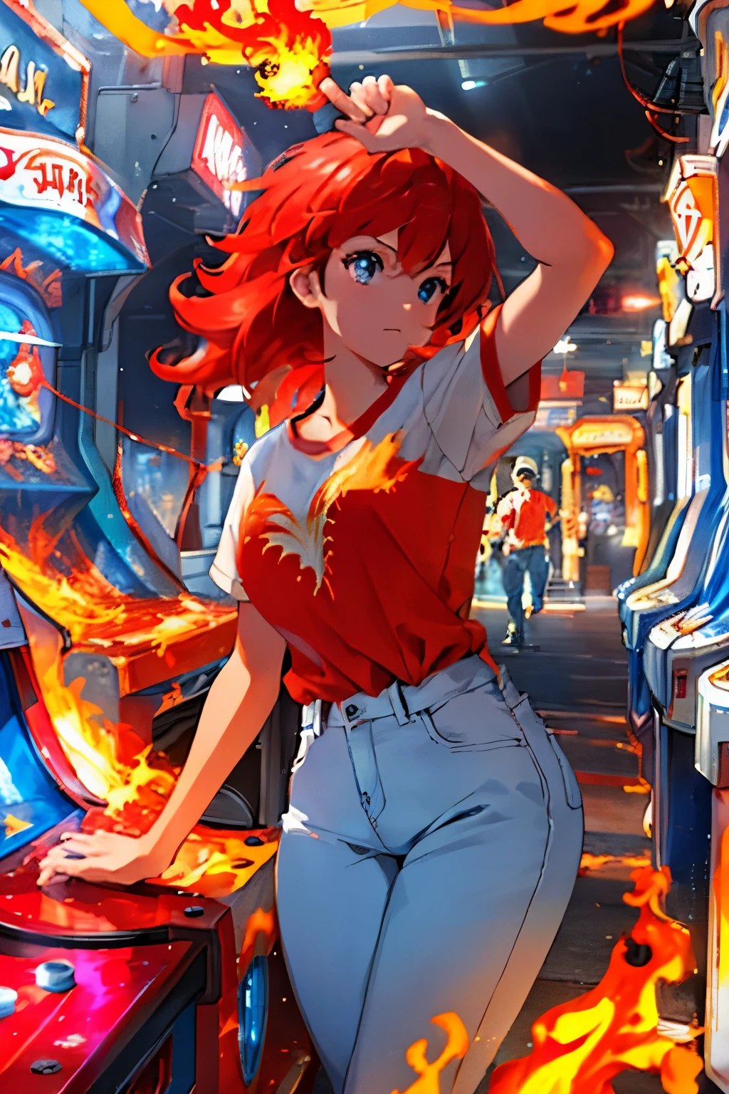 masterpiece, best quality, 8k, highres, ultra detailed, ultra detailed background, high contrast, 1girl, solo, young, serious, white T-shirt, denim pants, reach out,( swingings arm down in a diagonal slash:1.3),( The path of the arm is overflowing with red flame:1.2), brake,(arcade game machine in front of her:1.3),( the flame is above the arcade game machine:1.3), city at night, fighter, upper body