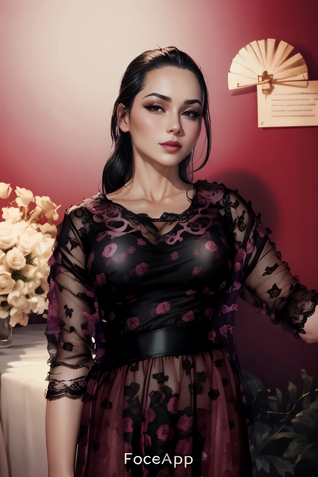 Sexy woman, black hair in a bun, long forehead, seductive eyes, medium nose, perfect pink lips seductively parted, deep blush, flustered, beautiful long neck, collarbone, medium chest, cleavage, long red floral dress, bedroom, stripping, exposing her black bra and bare shoulders