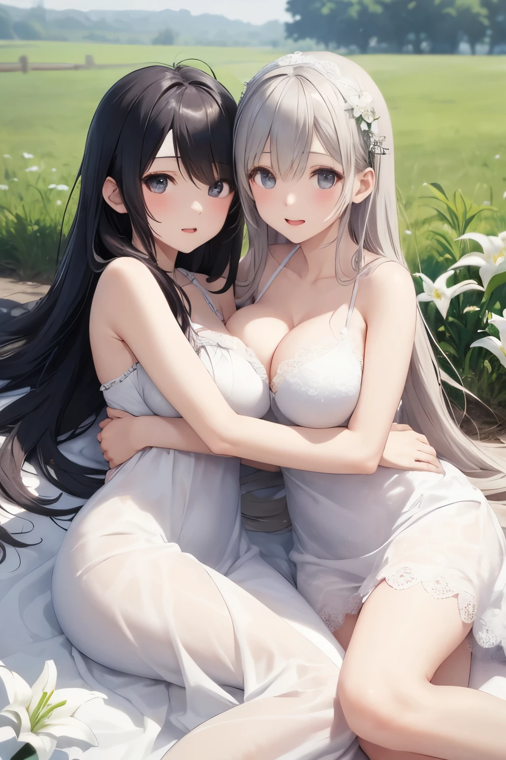 big breasts:1.2、、highest quality、very detailed、Very realistic eye masterpiece、highest quality、very detailed、gray hair、perfect face、long hair、white dress、sundress、lily、two girls、anime、countryside、hug each other、lie down