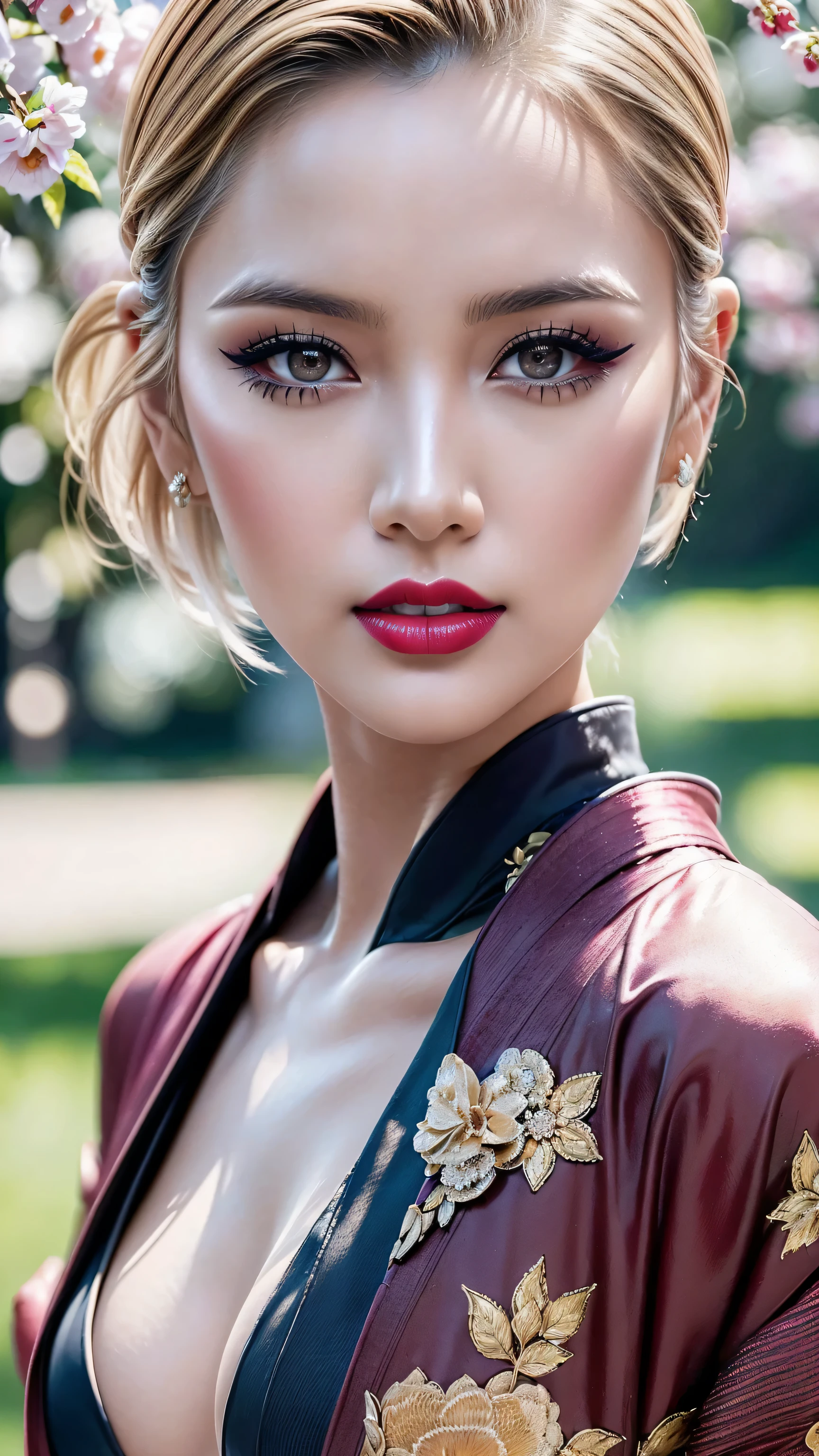 Asian girl,bimbo,bronze tan,chubby cheeks,enlarged lips,big blue eyes,short hair blonde ,porno shapes,gigantic lips,Huge silicone ,narrow waist,gigantic ass,bubble butt,huge round ass,wide hips,thick thighs,long legs,(clothes: chinese qipao dress white,belt,high heeled boots black,glasses ,choker,necklace,earrings),long fingernails,manicure,(orgasm face),(face of ecstasy),(ahegao face),(high quality),(hyper realistic),( realism),(8K,UHD),tattoo chest,wide claves,(sexy pose,standing ),looking at camera,(bright makeup),((masterpiece)),(role model:geisha),((detailed face)),(tattoo chest),solo,pumped ass,perfect women,very tan skin,(location:Japanese garden,sakura ),(piercing nose,piercing eyebrow,piercing lips),side view,(full body:1.5)
