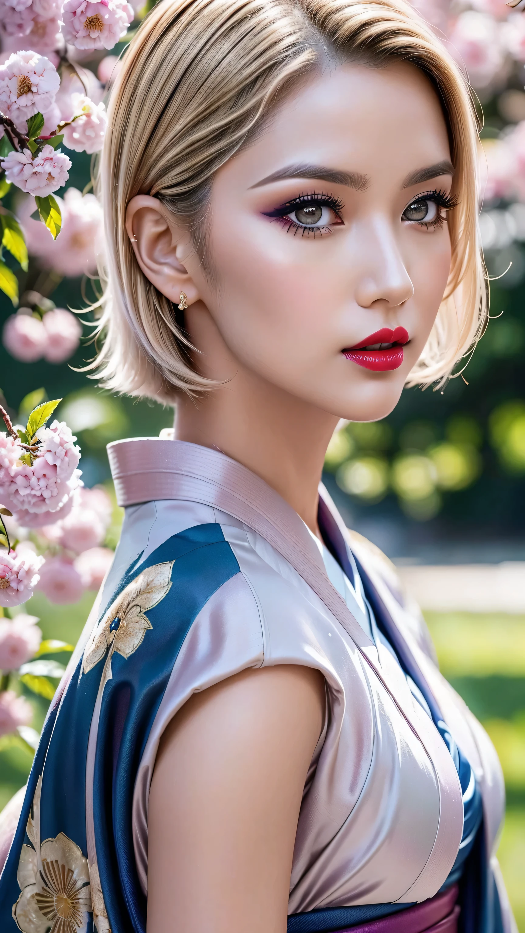 Divide Ratio : 1,1,1 Base Ratio: (portrait),beauty (mixed girls) in (highly detailed 32k absurd art of a ((girl 18-year-old)) ),fashion supermodel,(best high quality real texture skin:1.3),(best quality texture hair:1.4),BREAK,((short blonde hair ((slicked to the side)) extremely detailed:1.3)),((outside,an orchard of blooming cherry trees:1.3)),(best high quality:1.4),(photo realistic:1. 5),(Hyperrealism:1.5),((sharp focus)),(highest resolution),((soft neon lighting on the face and body)),(perfect proportions),(anatomically correct),(perfect female body),(firm normal full breasts:1.3),slim face,beautiful cheekbones,((slim,swell-muscled body:1.24)),(Super beautiful face),(realistic face),(highly detailed face:1.5),absurd(ultra detailed eyes), finely detailed face,finely quality eyes,(tired and sleepy and satisfied:0.0),(close up of a woman's eye with a digital rendering),realistic eyes,perfect round eyes,finely detailed pupils,(brown_eyes:1.28),BREAK,detailed lips:1.3,dark_makeup:1.18, long_blue_eyeliner:1.25, (red_lipstick:1.25),perfect dark_eyeshadows:1.45, there a close up of a woman's, (super detailed makeup on eyes:1.3), iridescent eyes, with professional makeup, vibrant eyes:1.2, (Detailed nose:1.2),BREAK,((super extravagant ((cut kimono cute)) wear)),small head:1.4,BREAK,makeup:1.22,BREAK,/(random u%u top:1.13),/exquisite balance of shadows,perfect composition,((upper body shot:1.3)),(((look at the viewer))), Hasselblad, 50mm f/2.2