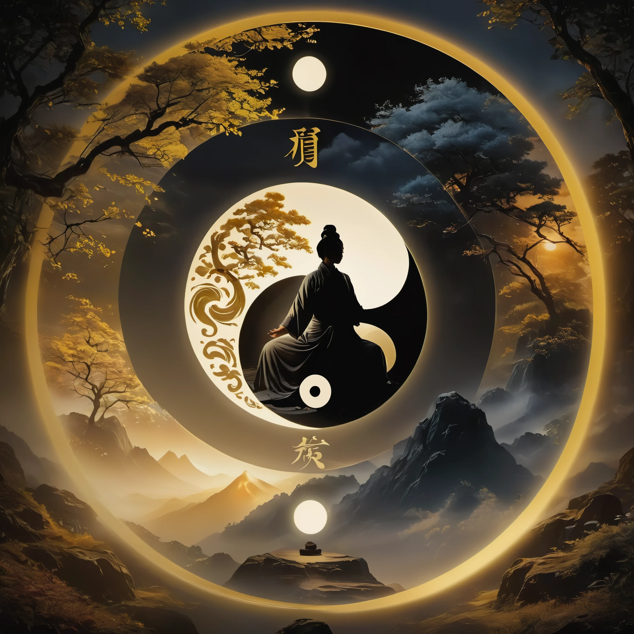 in style of acrylic painting，Tai Chi Yin Yang Bagua Diagram，magic circle，best quality,4k,8k,highres,masterpiece:1.2,ultra-detailed,realistic,acrylic style,tai chi, yin yang, eight trigrams,3d rendering，female Taoist priest practicing yoga，Light and shadow photography，
