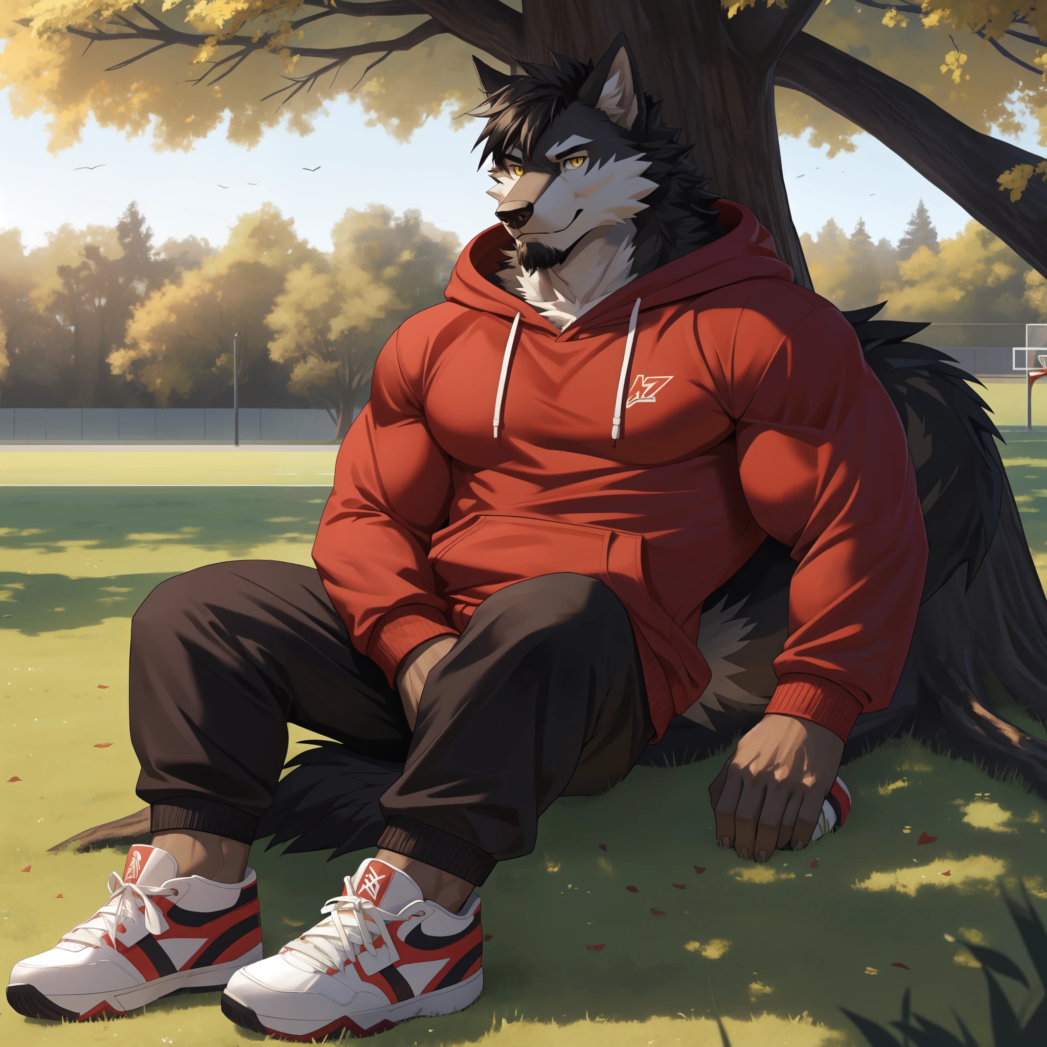hairy,Black Haired Wolf,yellow eyes(Realistic eye details),Have muscles(Perfect muscle details),perfect anatomy,Handsome and handsome face,Resting comfortably under a tree,Wearing a red hooded sweatshirt,black sweatpants,Wearing white socks and basketball shoes on feet,high dynamic range,8k