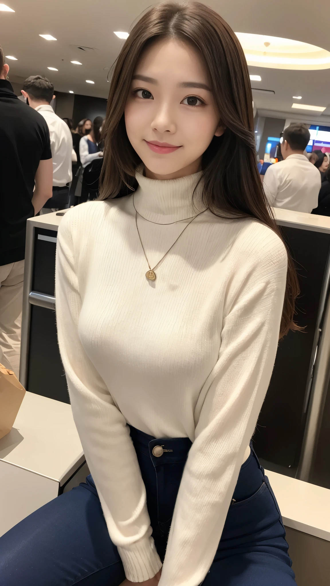 ((Day, highest quality, 8k, masterpiece:1.3, realistic)), whole body, long legs:1.2, sharp focus:1.2, beautiful woman with perfect figure, thin abs, ((1 girl, dark brown long hair, medium breasts)), ((long tight turtleneck, fancy necklace, long tight pants, sitting:1.4, Airport corridors)), (dynamic pose:1.2, soft lighting, looking at the viewer, Photo from the front of the body, Snazzy), single shot, Highly detailed face and skin texture, fine eyes, double eyelid、smile