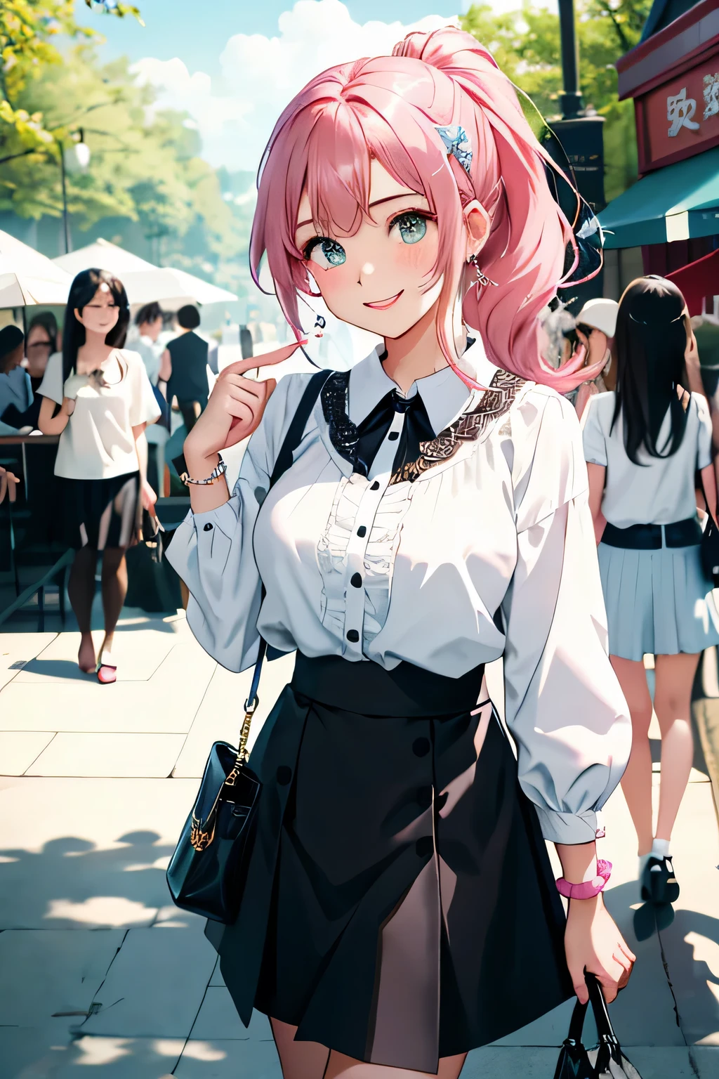 highest quality、High resolution、detailed background、beautiful and detailed face、beautiful and smooth skin、skin texture、I'Visiting an amusement park or theme park.、(three beautiful age girls:1.5)、(huge breasts:1.3)、braided hairstyles、ponytail、サイドponytail、cowboy shot、
Peter Pan Color Blouse、ガーリーな雰囲気が漂うPeter Pan Color Blouseはカジュアルなボトムスと合わせても可愛く着こなせます、If you want to create a feminine atmosphere, A flared skirt is recommended..、Show off your cuteness by choosing a patterned or embroidered skirt、
depending on the season, Open toe sandals and flat shoes are also fashionable..、
Choose items with bright colors and ribbon or ruffle details..、
Add cute hair accessories such as hair bands or ribbon hair clips to make the whole look even cuter.、
Add a necklace or bracelet with a simple design to tighten up your outfit..、It is a good idea to choose unique accessories such as pastel colors or ones with charms.、The pose of putting your hands together in front of your chest can create a cute and tense feeling.、cute仕草、emphasize the chest、emphasize cleavage、Laugh playfully、smile、smile、sexual expression、cute