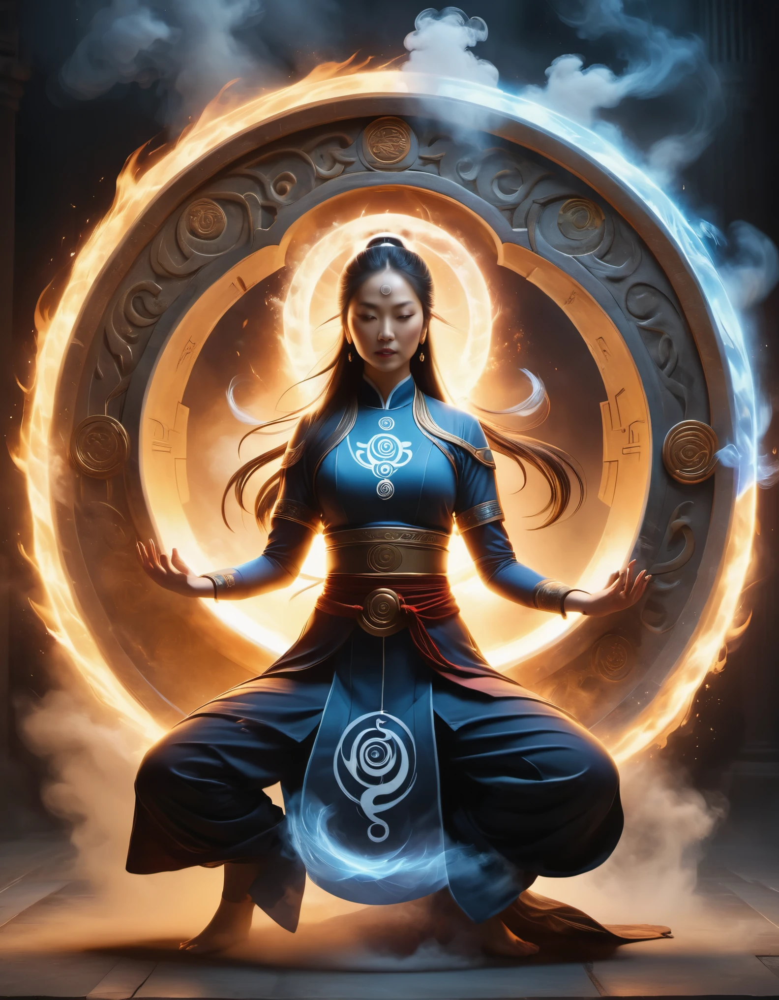 magic circle，best quality,4k,8k,highres,masterpiece:1.2,ultra-detailed,realistic,acrylic style,tai chi, yin yang, eight trigrams,3d rendering，Female Taoist priest doing yoga，Light and shadow photography，smoke，