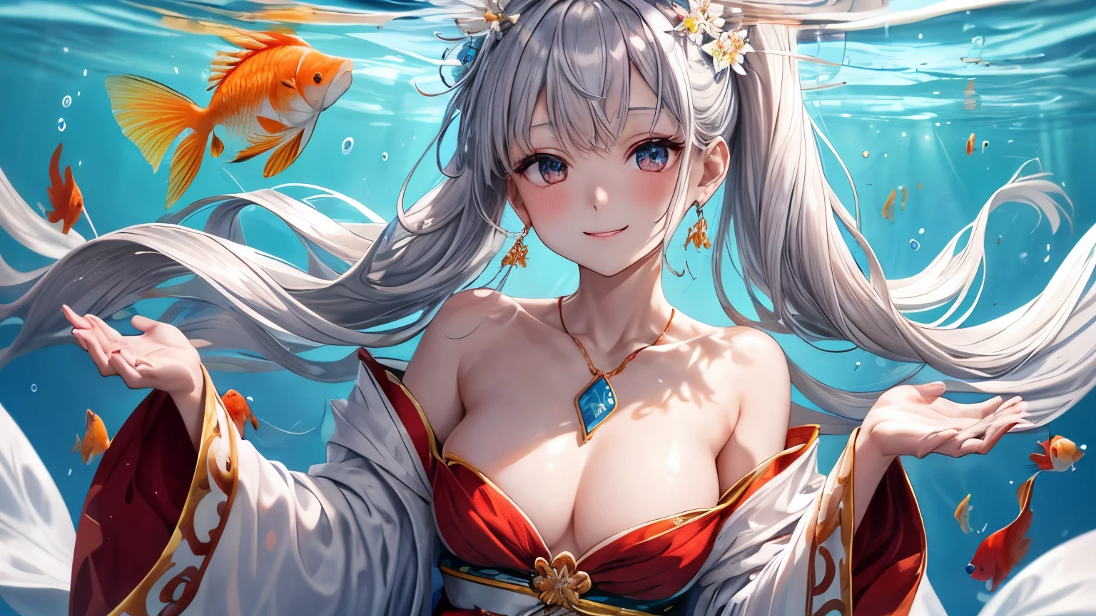 1 girl ,earrings,Goldfish ,precious stones ,sash,underwater ,Goldfish,White flower ,Akame,Behold ,get up, gray hair,clavicle,length、generally、Kamimei、looking at the viewer、white dress、Red Heavenly Woman's Robe、cleavage、close up of smiling face、beautiful eyes、correct move