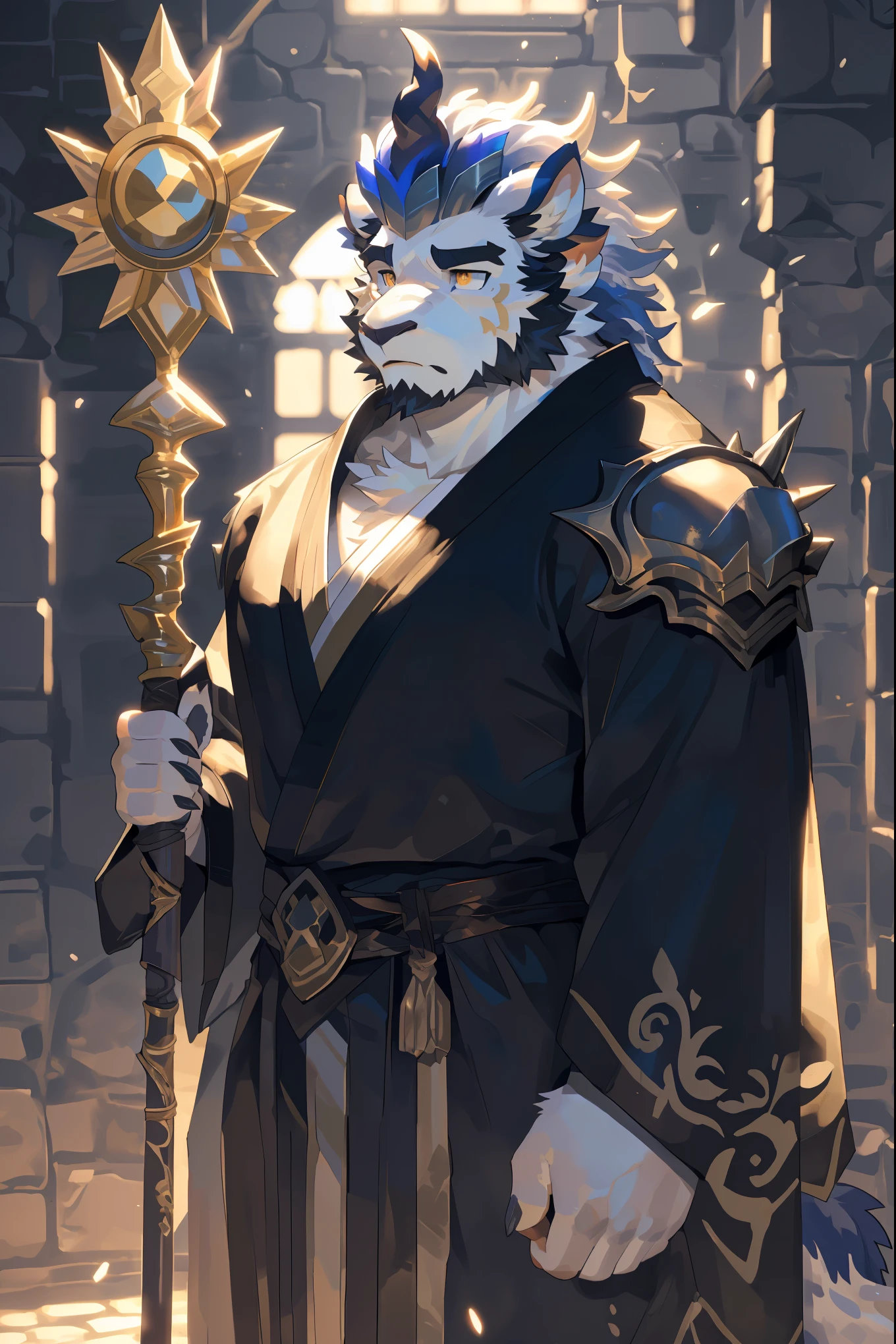 (Kirin:1.5),(Gorgeous silver battle armor robe:1.5),16k high quality detailed art,(Kirin:1.1), (((white fur:1.8))),(gold white two tone),(Gold and blue different color eyes:1.2),(muscular body:1.2),Handsome,(OK),(perfect face),(Serious majesty:1.1),(golden and white skin:1.6),(monster dungeon background),(Half body特写:1.5),Publaz, (Kirin:1.1), (((white fur:1.8))),Handsome, (OK),Express,(monster dungeon background),(Painful eyes:1.3),(Kirin tail),不同的Express,(perfect masterpiece),(16k),(abdominal muscles:1.3),(((middle aged:1.4))),(36 years old),alone,(Golden sideburns:1.5),(Golden-bearded:1.3),(black chin:1.3),(black and white face:1),(Very rich facial details:1.3),(Strong),(Half body),(front view),(cg),(HD),(Facing the dungeon:1.4),(serious expression:1.6),(White lines:1.4),(scales:1.3),(white ears:1.4),(Holding a staff in hand:1.6),(confidence:1.4),(Mighty pose),(light)
