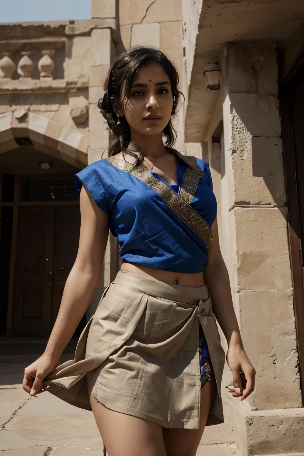 arafed woman in a skirt, real world, dressed in a sari, cinematic shot, top angle, extremely intricate,celebrating pi day,desi
