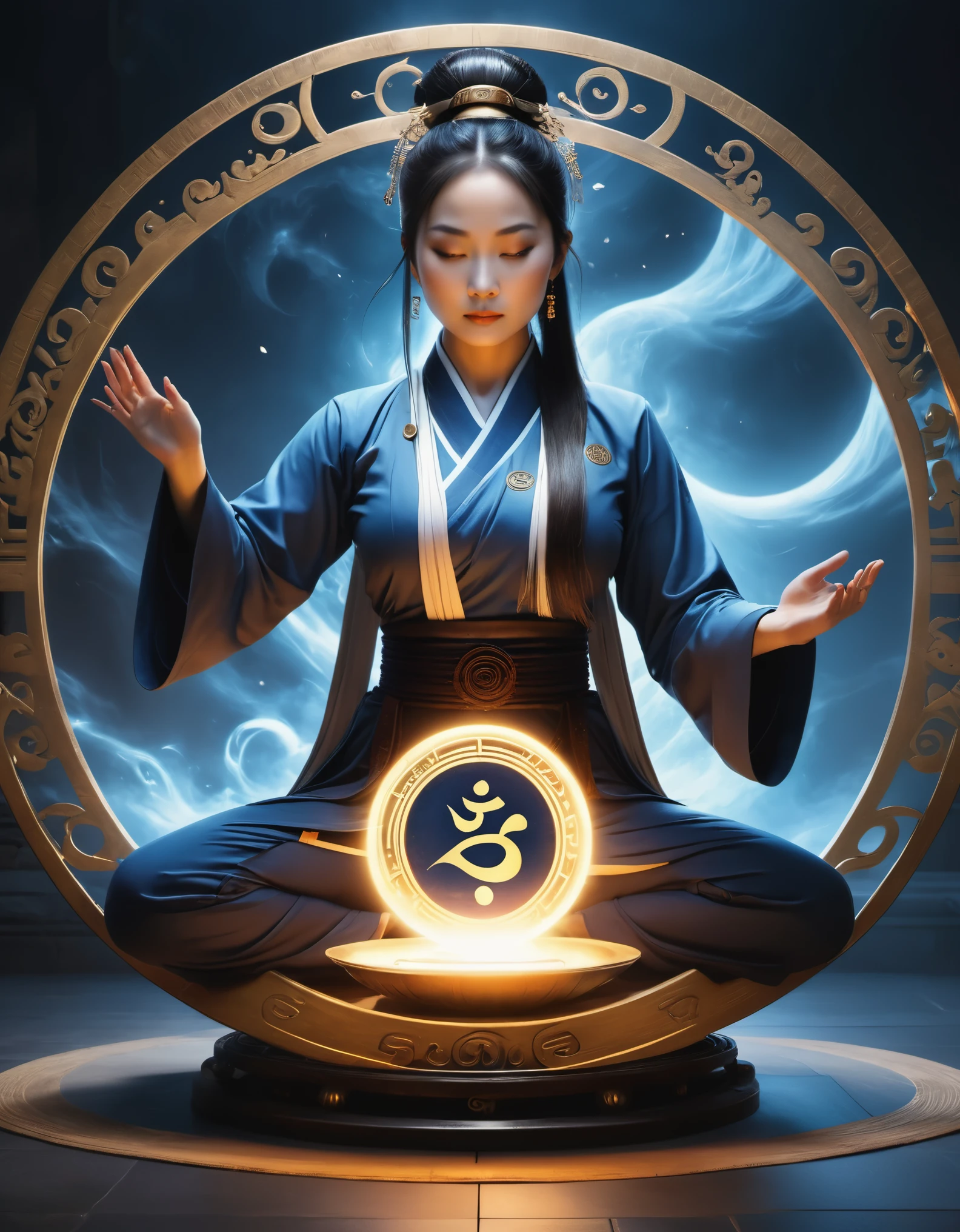 magic circle,best quality,4k,8k,highres,masterpiece:1.2,ultra-detailed,realistic,acrylic style,tai chi, yin yang, eight trigrams,3d rendering,Female Taoist priest doing yoga,Light and shadow photography,