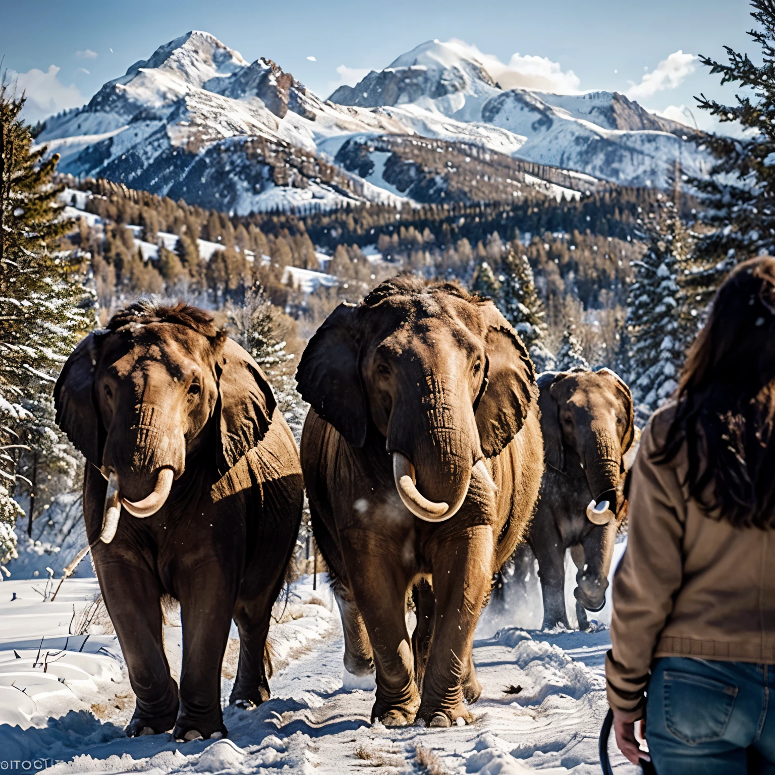 Several giant woolly mammoths walking through a snowy meadow, their long woolly hair blowing lightly in the wind as they walk, snow covered trees and dramatic snow covered mountains in the distance, with afternoon light Hazy clouds and a sun in the distance create a warm glow, a beautiful view from the low Camera The photography is stunning, capturing the large furry mammal with great depth of field, big Elephant.
