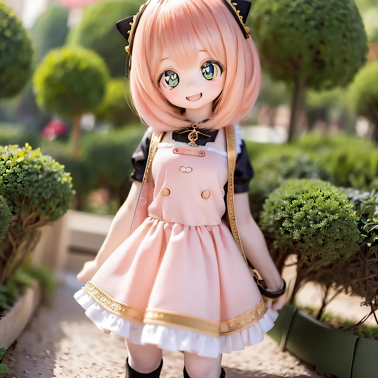 smiled happily、Fun 5 girl with pink hair and a chibi bob cut. should focus on her beauty, realistic eyes, Long eyelashes that emphasize her innocent look. Must be of the highest quality, Visually appealing with very delicate painting and bright colors. lighting should be natural, Highlight a lively and lively atmosphere. Backgrounds may include gardens and parks, fulfilled , To further enhance the scene.Chibi Heart dances with a short dress in hand
