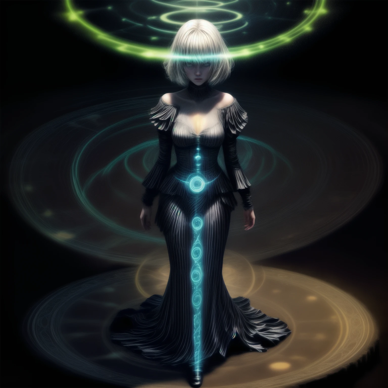 A female magician standing in a (luminous Magic Circle:1.5), Inside the ruins at night, full body image