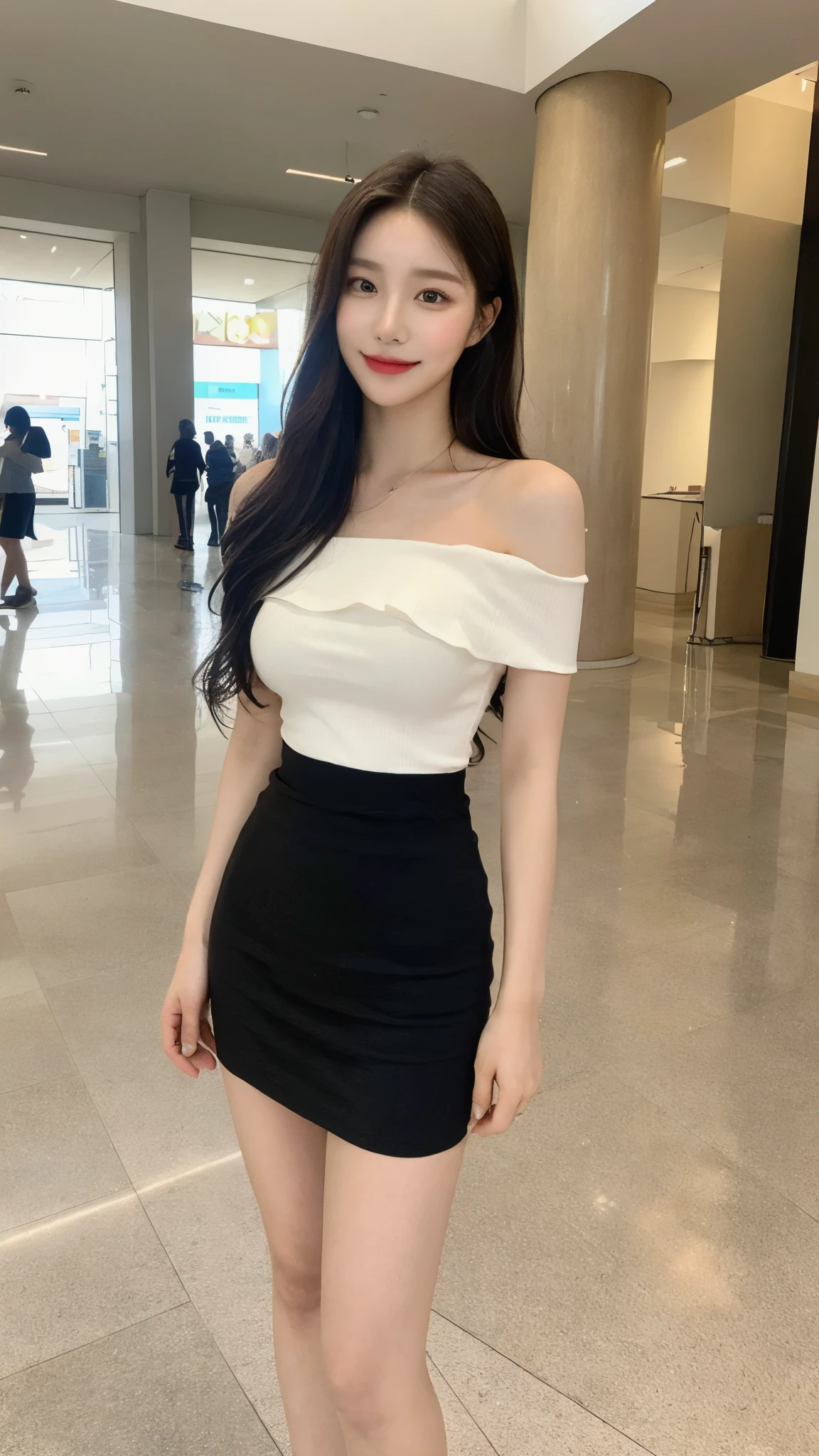 A girl of about 40 years old，simplicity，Extremely beautiful and delicate，(light make-up)，Black color hair，A sweet smile，Delicate and beautiful fair skin，Realistic and realistic，exquisite and complete facial features，Detailed depiction of the face，tall nose bridge，Red lips，Beautiful, gentle and beautiful girl，Smooth hair，extremely detail hair，Feminine temperament，Fill your face light，hyper realisitc，photorealestic，8K quality，extremy detailed，Realistic details，Works of masters，Realistic to the extreme，big breasts body，Beautiful，Pure desire，Stunning beauty，Peerless beauty，Highest image quality，8K分辨率，goddes，ssmile，Fine facial features，Hair over the shoulder，A brown-haired，Large long thick legs，(((High-waisted French top)))，(((short  skirt)))，rays of sunshine，facing at camera，The body is well-proportioned and firm，Gentle eyes，Exposing thighs，stand posture，Stand inside the mall，Full body photo