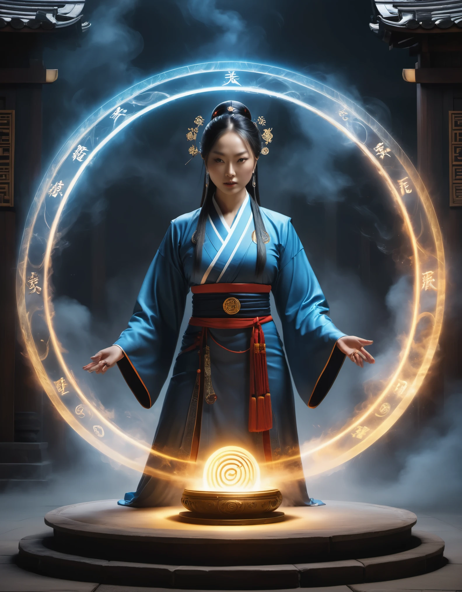 magic circle，best quality,4k,8k,highres,masterpiece:1.2,ultra-detailed,realistic,acrylic style,tai chi, yin yang, eight trigrams,3d rendering，，Female Taoist Priest，Light and shadow photography，