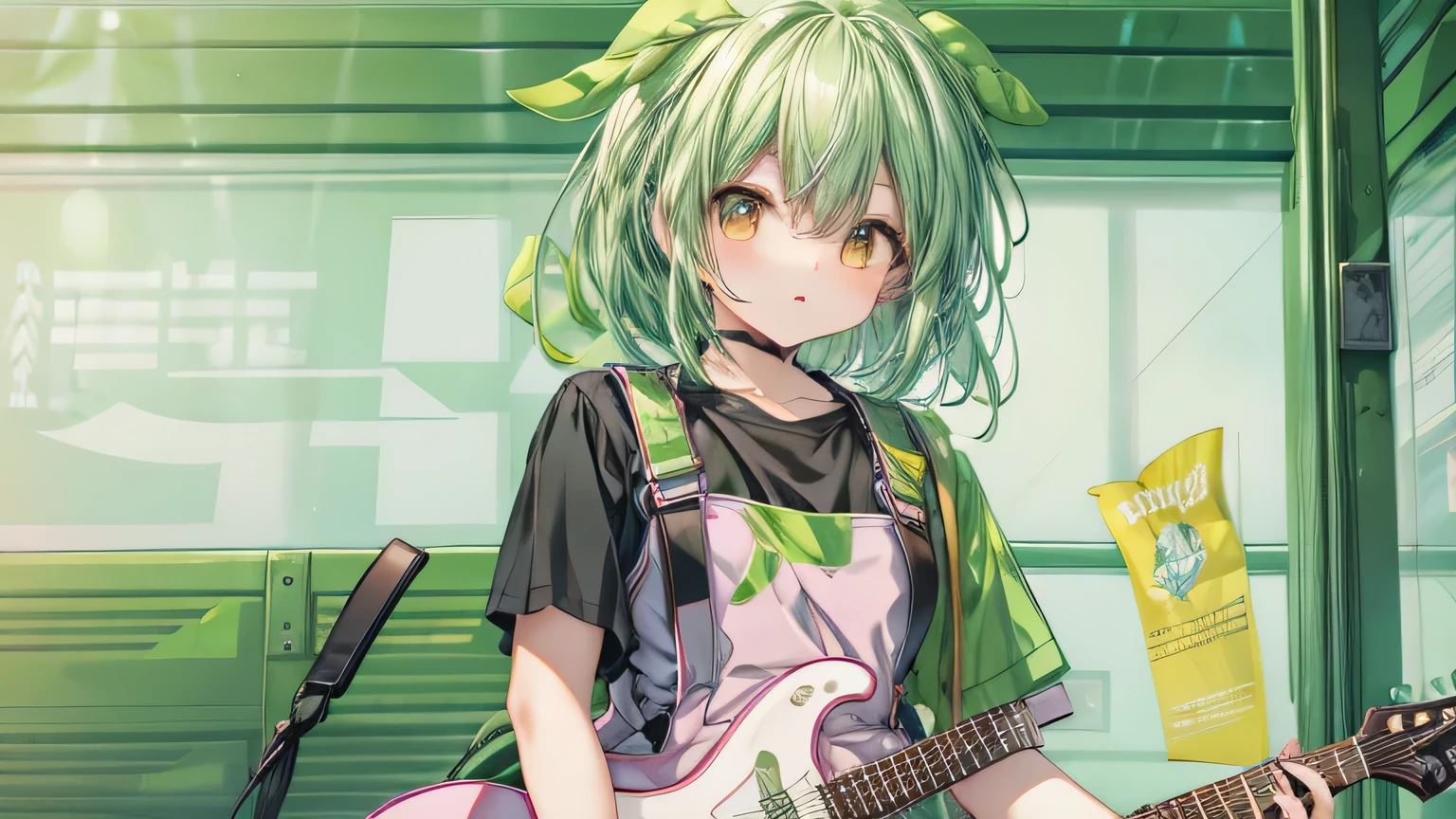 ((masterpiece, highest quality))1 girl, alone, dark green hair,eyes are yellow,white shirt,green overalls, Electric guitar, guitar, earphone, holding, guitarのピックを持っている, musical instrument, music, one side up, guitarを弾く,interior